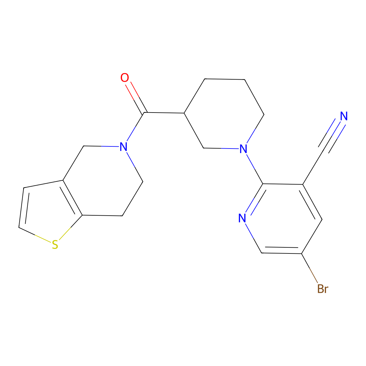5-bromo-2-(3-{4H,5H,6H,7H-thieno[3,2-c]pyridine-5-carbonyl}piperidin-1-yl)pyridine-3-carbonitrile molecular structure, CAS 3054405-92-1