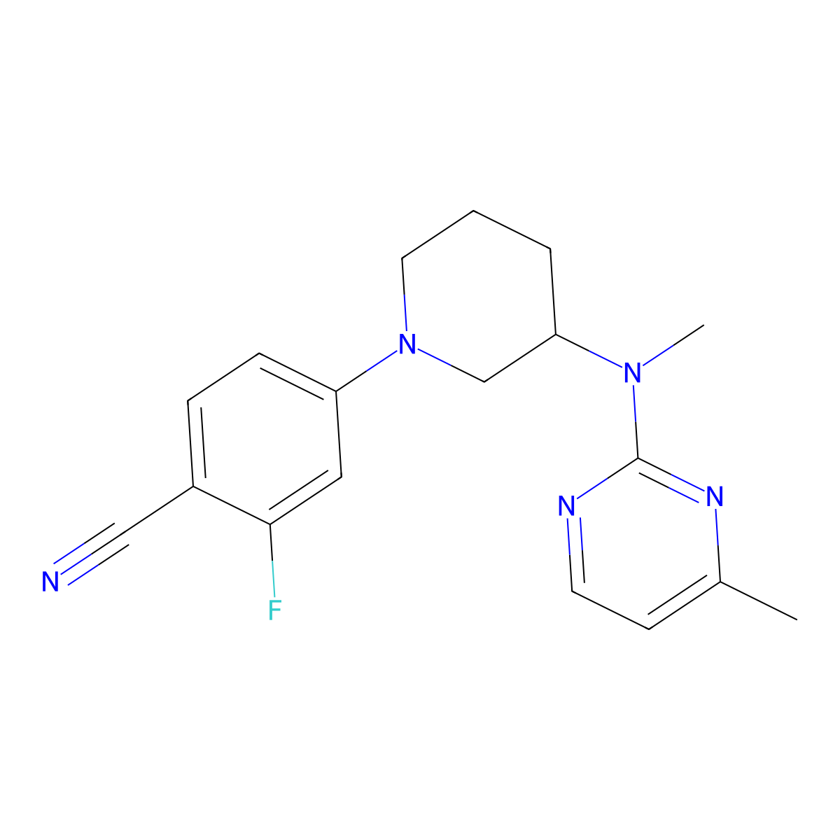 2-Fluoro-4-{3-[methyl(4-methylpyrimidin-2-yl)amino]piperidin-1-yl}benzonitrile molecular structure, CAS 3054405-97-6