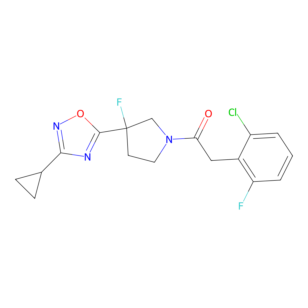 2-(2-Chloro-6-fluorophenyl)-1-[3-(3-cyclopropyl-1,2,4-oxadiazol-5-yl)-3-fluoropyrrolidin-1-yl]ethan-1-one molecular structure, CAS 3054405-99-8