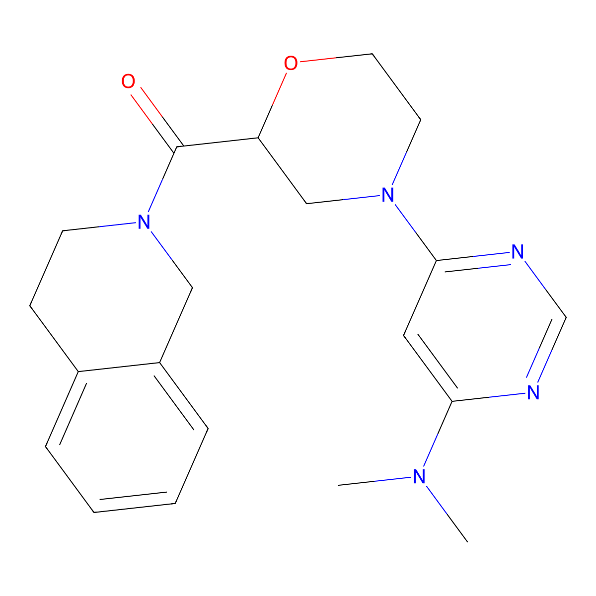 N,N-dimethyl-6-[2-(1,2,3,4-tetrahydroisoquinoline-2-carbonyl)morpholin-4-yl]pyrimidin-4-amine molecular structure, CAS 3054406-00-4