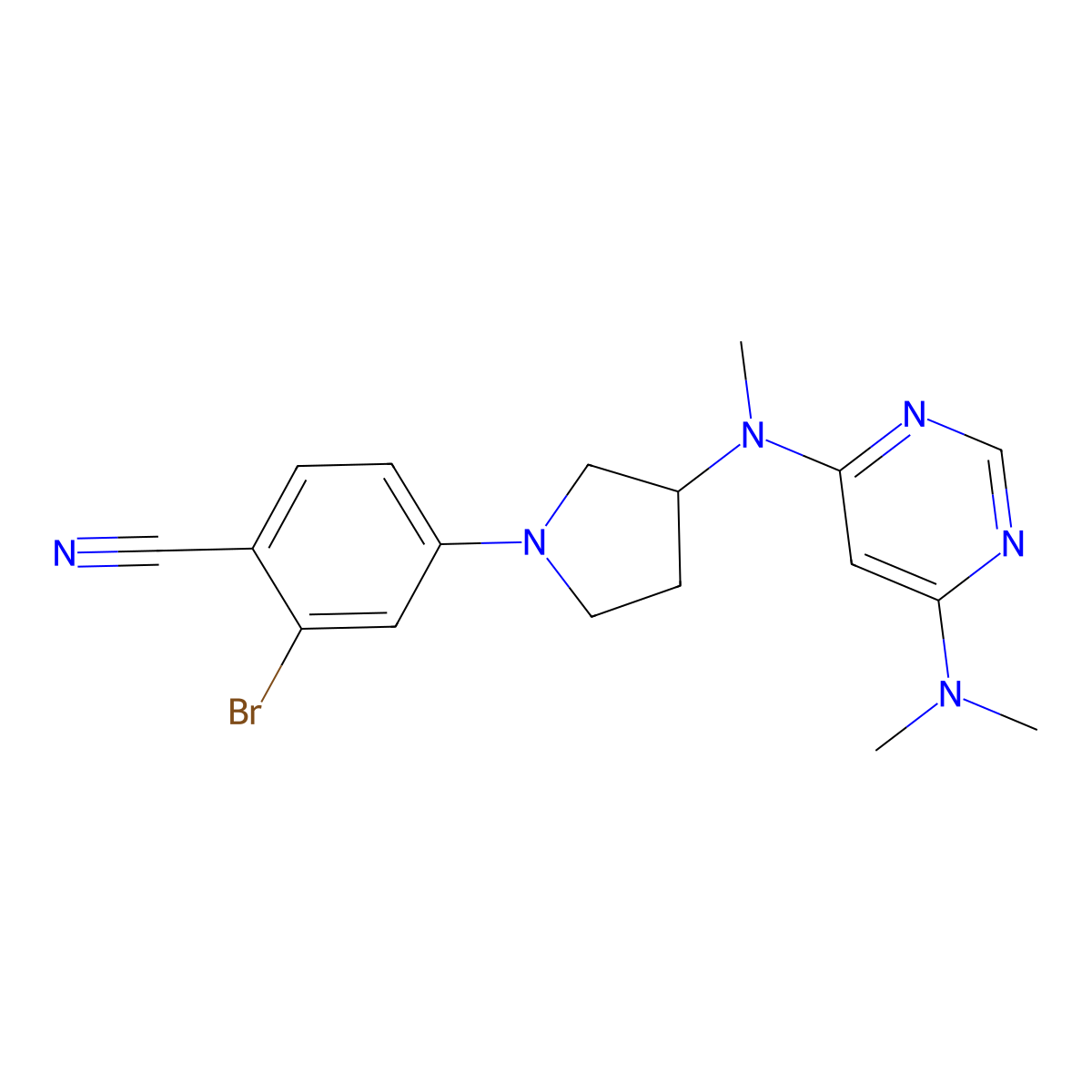 2-Bromo-4-(3-{[6-(dimethylamino)pyrimidin-4-yl](methyl)amino}pyrrolidin-1-yl)benzonitrile molecular structure, CAS 3054406-01-5