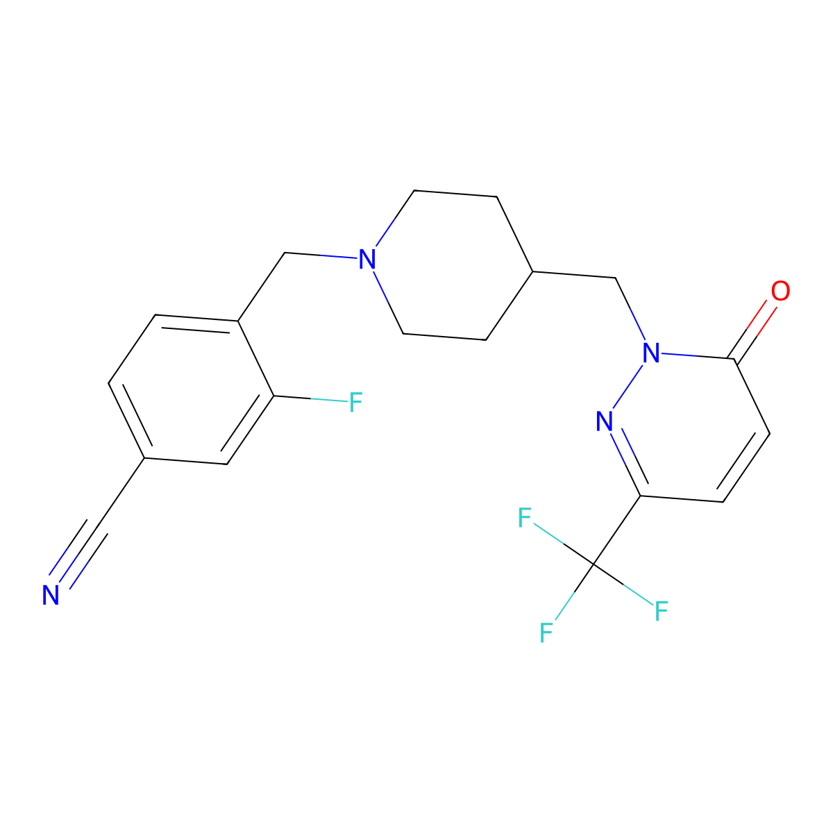 3-Fluoro-4-[(4-{[6-oxo-3-(trifluoromethyl)-1,6-dihydropyridazin-1-yl]methyl}piperidin-1-yl)methyl]benzonitrile molecular structure, CAS 3054406-02-6