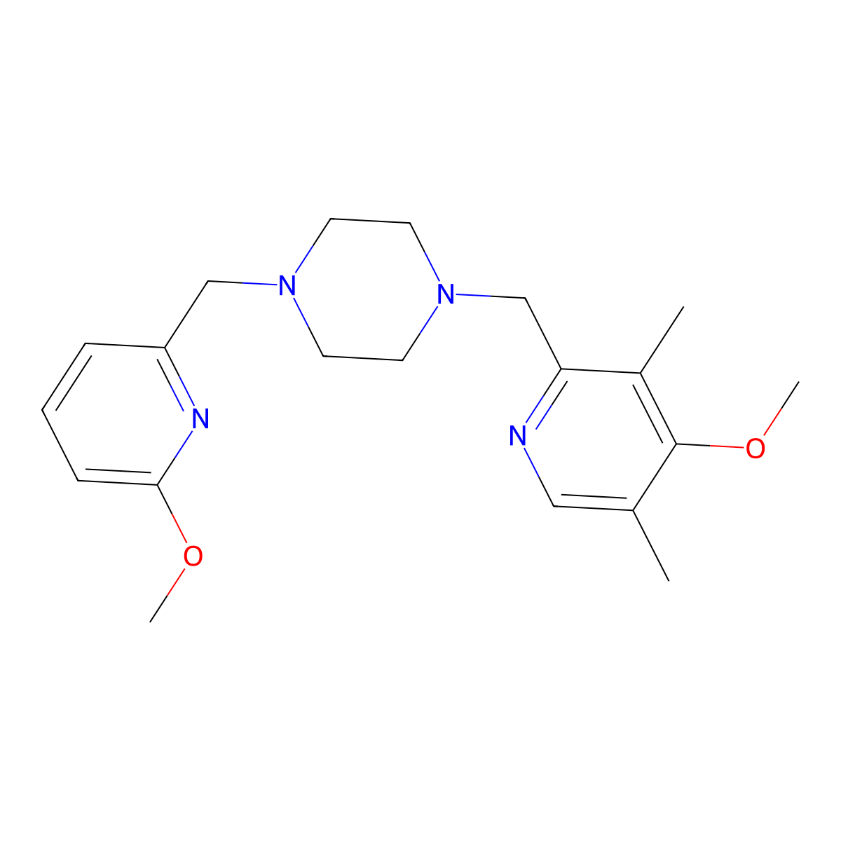1-[(4-Methoxy-3,5-dimethylpyridin-2-yl)methyl]-4-[(6-methoxypyridin-2-yl)methyl]piperazine molecular structure, CAS 3054406-03-7