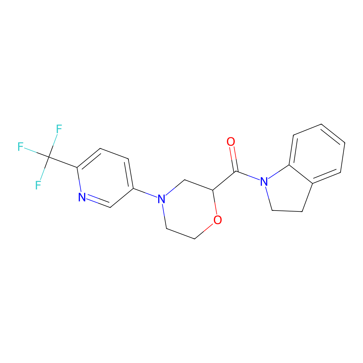 1-{4-[6-(trifluoromethyl)pyridin-3-yl]morpholine-2-carbonyl}-2,3-dihydro-1H-indole molecular structure, CAS 3054406-09-3