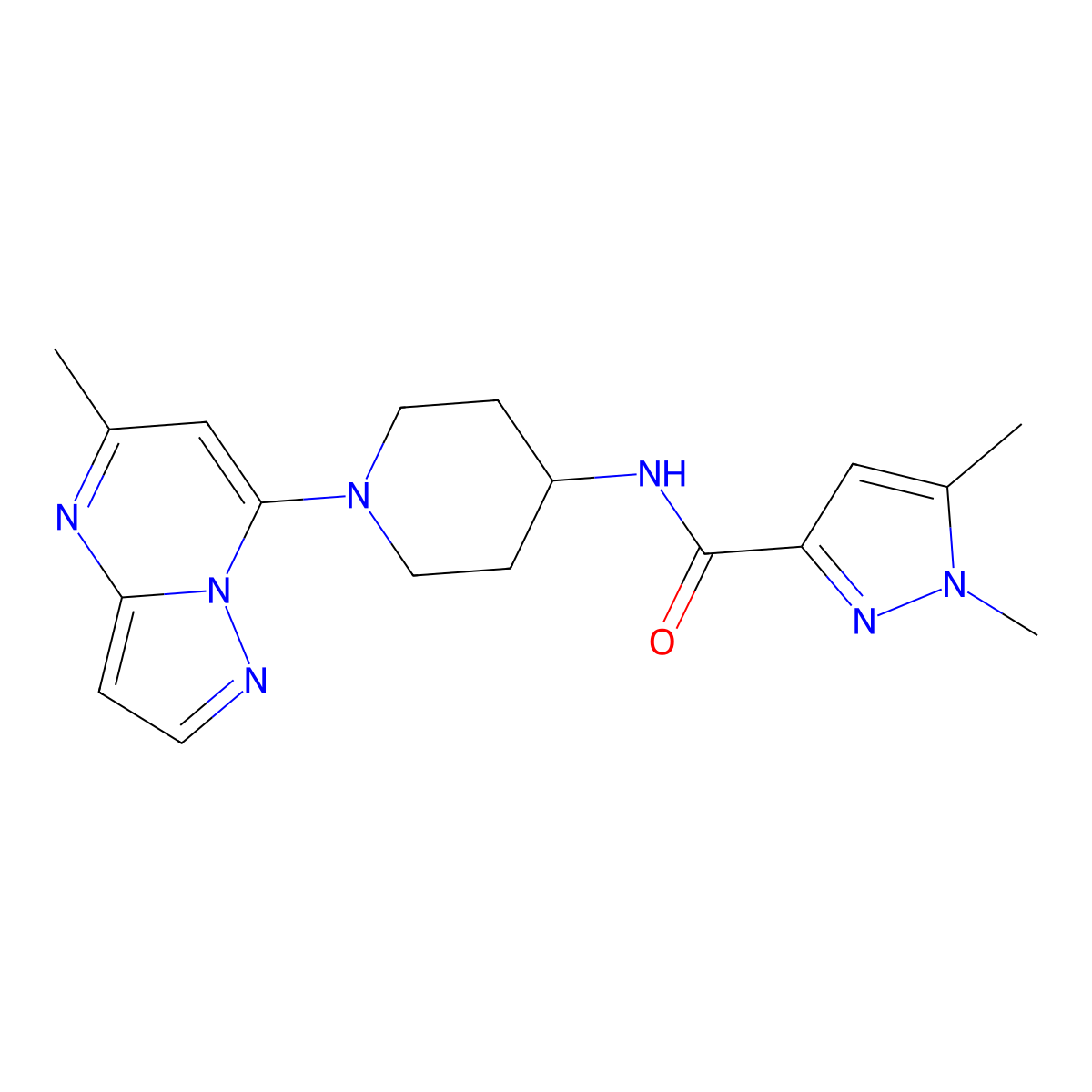 1,5-dimethyl-N-(1-{5-methylpyrazolo[1,5-a]pyrimidin-7-yl}piperidin-4-yl)-1H-pyrazole-3-carboxamide molecular structure, CAS 3054406-13-9