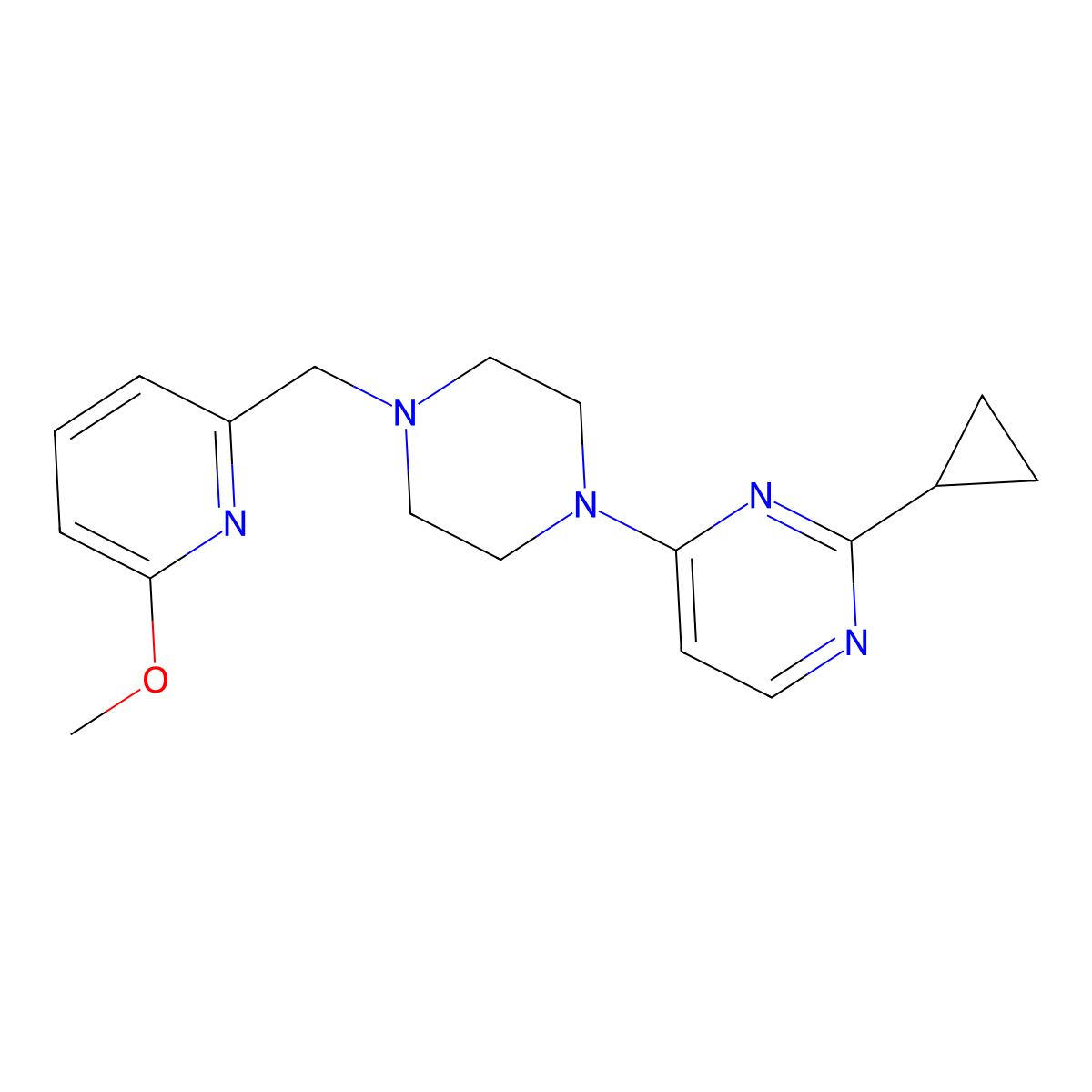 2-Cyclopropyl-4-{4-[(6-methoxypyridin-2-yl)methyl]piperazin-1-yl}pyrimidine molecular structure, CAS 3054406-16-2