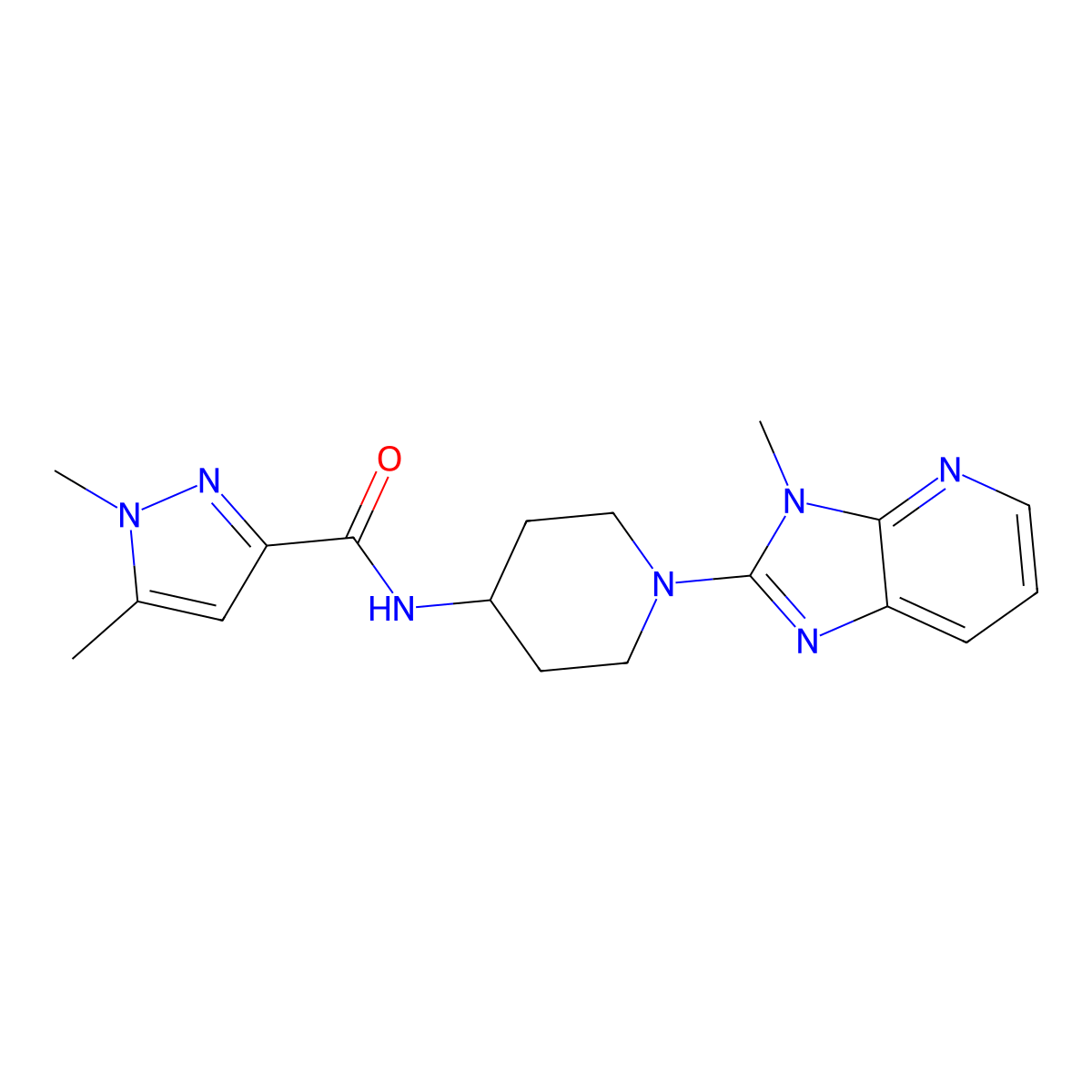 1,5-dimethyl-N-(1-{3-methyl-3H-imidazo[4,5-b]pyridin-2-yl}piperidin-4-yl)-1H-pyrazole-3-carboxamide molecular structure, CAS 3054406-17-3