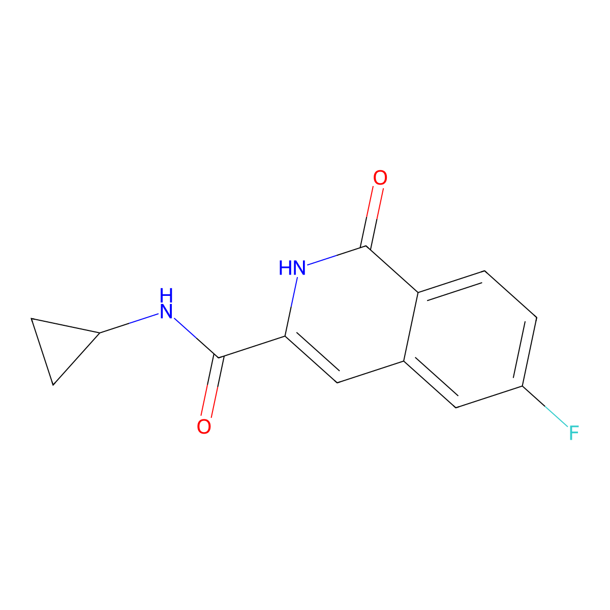 N-cyclopropyl-6-fluoro-1-oxo-1,2-dihydroisoquinoline-3-carboxamide molecular structure, CAS 3054406-18-4