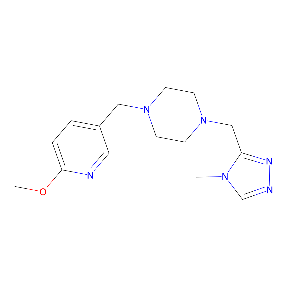 1-[(6-methoxypyridin-3-yl)methyl]-4-[(4-methyl-4H-1,2,4-triazol-3-yl)methyl]piperazine molecular structure, CAS 3054406-19-5