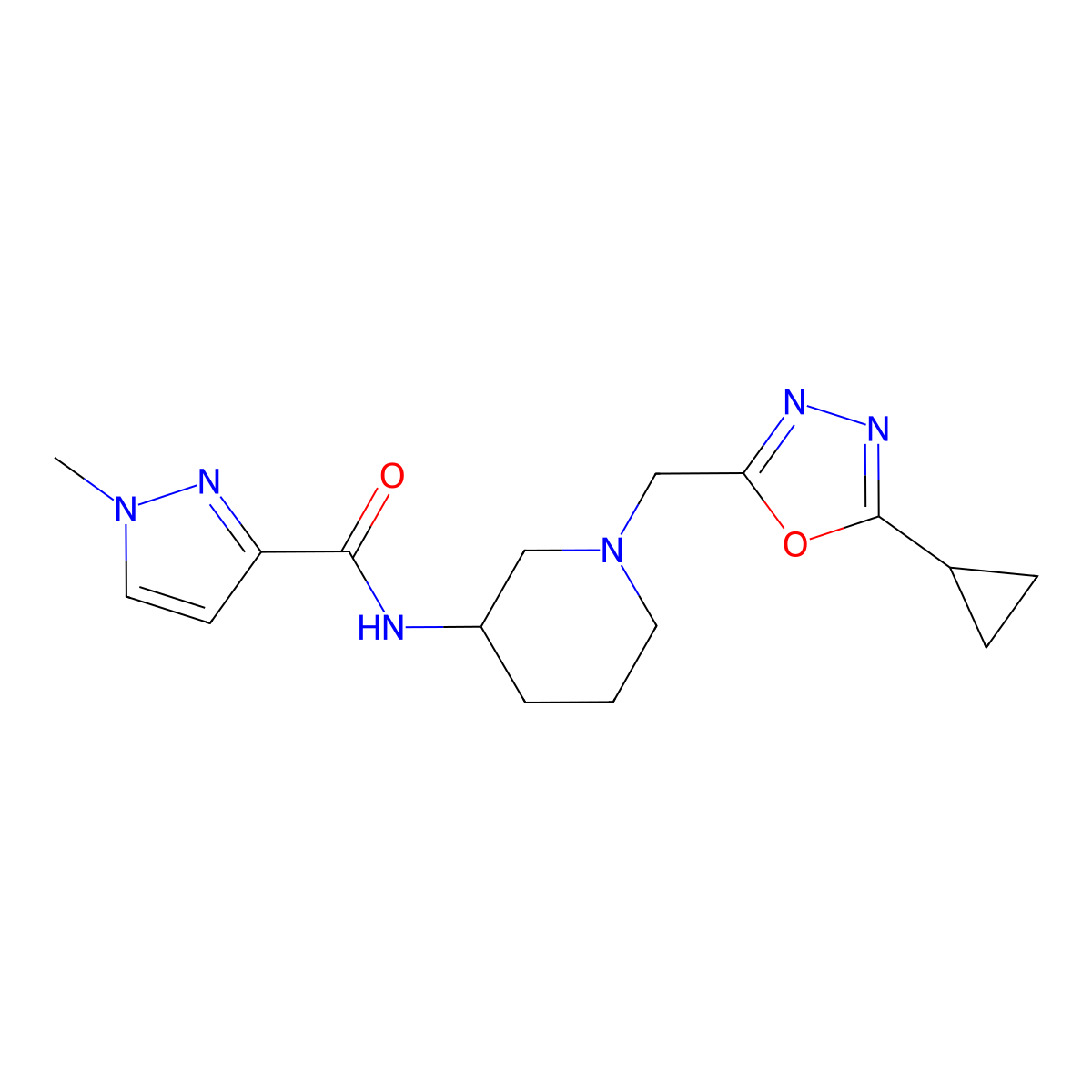 N-{1-[(5-cyclopropyl-1,3,4-oxadiazol-2-yl)methyl]piperidin-3-yl}-1-methyl-1H-pyrazole-3-carboxamide molecular structure, CAS 3054406-23-1