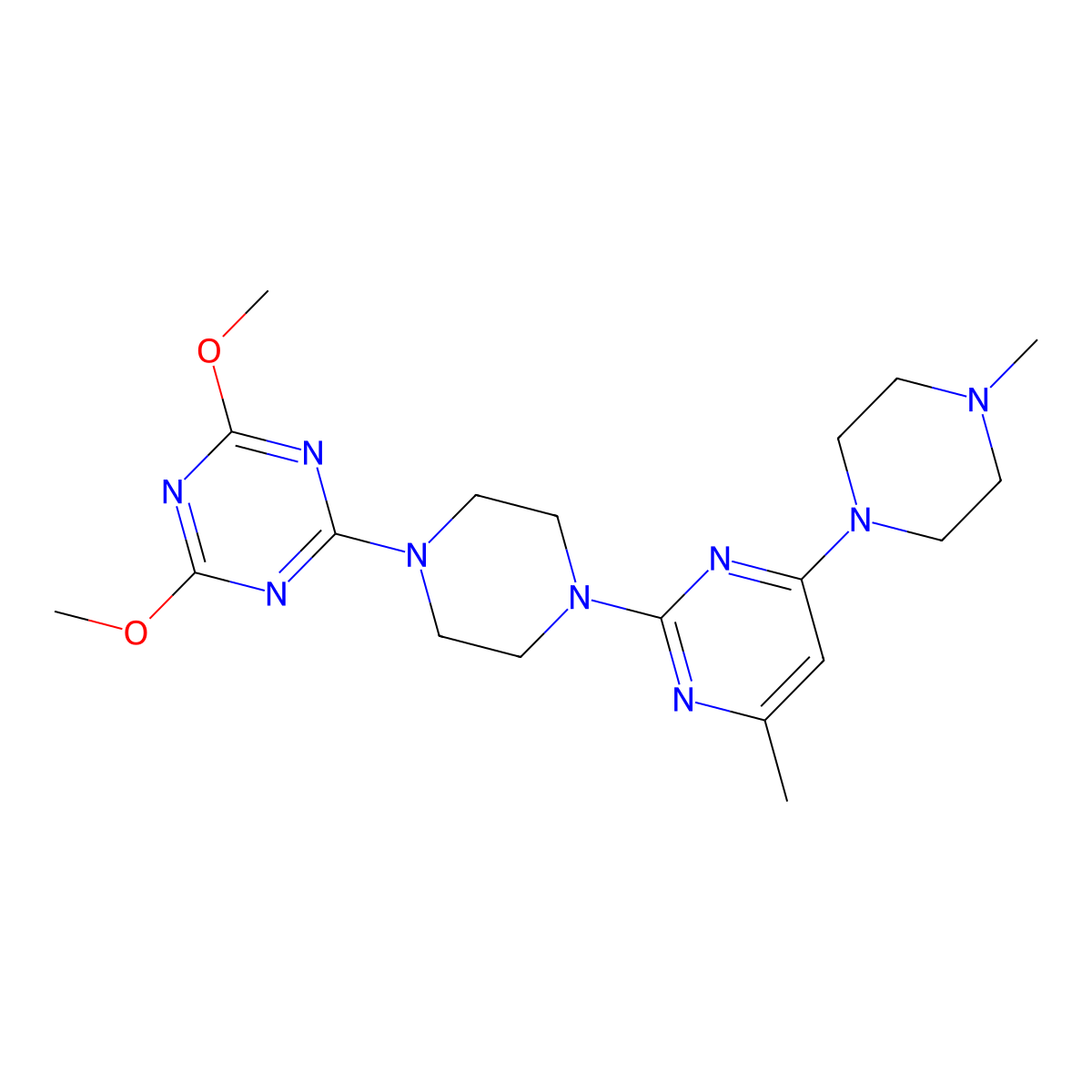 2,4-Dimethoxy-6-{4-[4-methyl-6-(4-methylpiperazin-1-yl)pyrimidin-2-yl]piperazin-1-yl}-1,3,5-triazine molecular structure, CAS 3054406-25-3