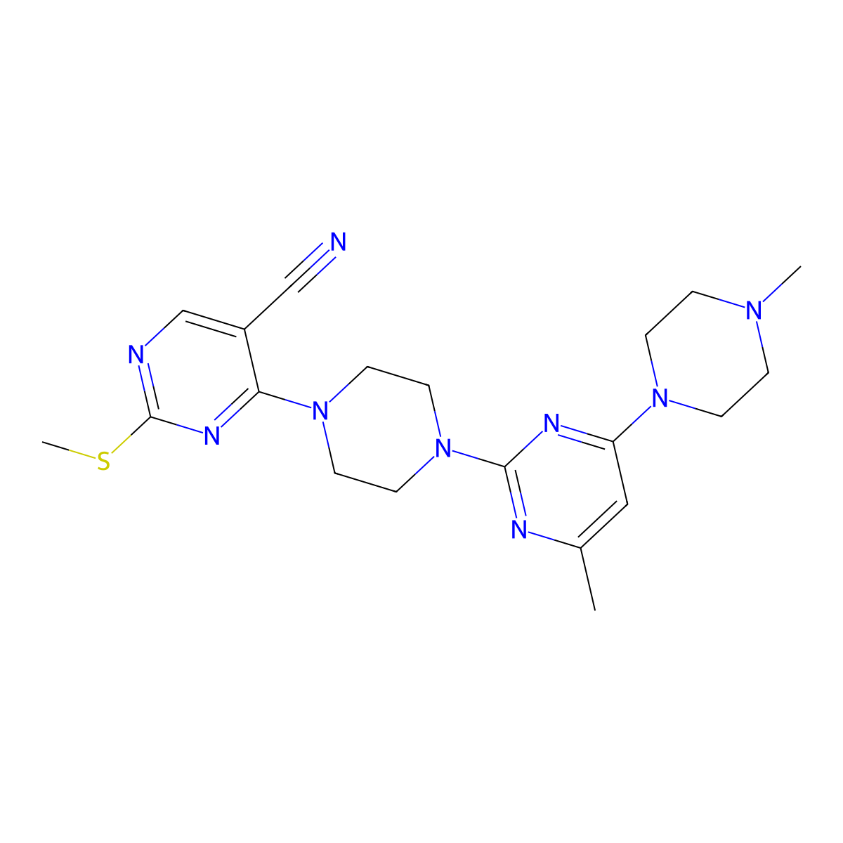 4-{4-[4-Methyl-6-(4-methylpiperazin-1-yl)pyrimidin-2-yl]piperazin-1-yl}-2-(methylsulfanyl)pyrimidine-5-carbonitrile molecular structure, CAS 3054406-34-4