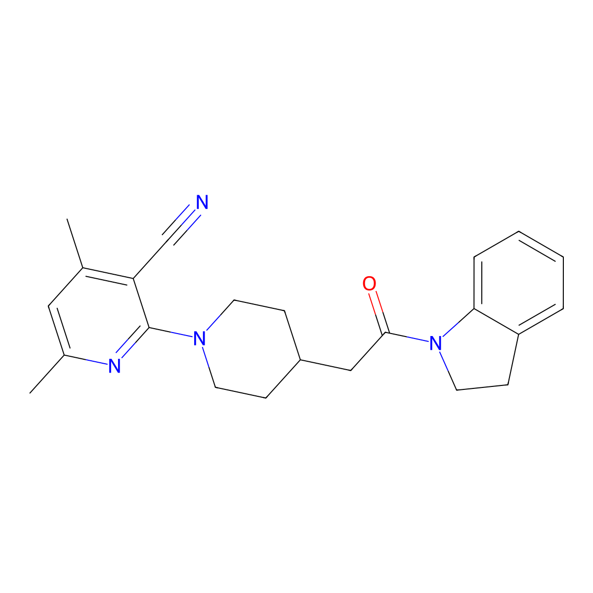 2-{4-[2-(2,3-dihydro-1H-indol-1-yl)-2-oxoethyl]piperidin-1-yl}-4,6-dimethylpyridine-3-carbonitrile molecular structure, CAS 3054406-35-5