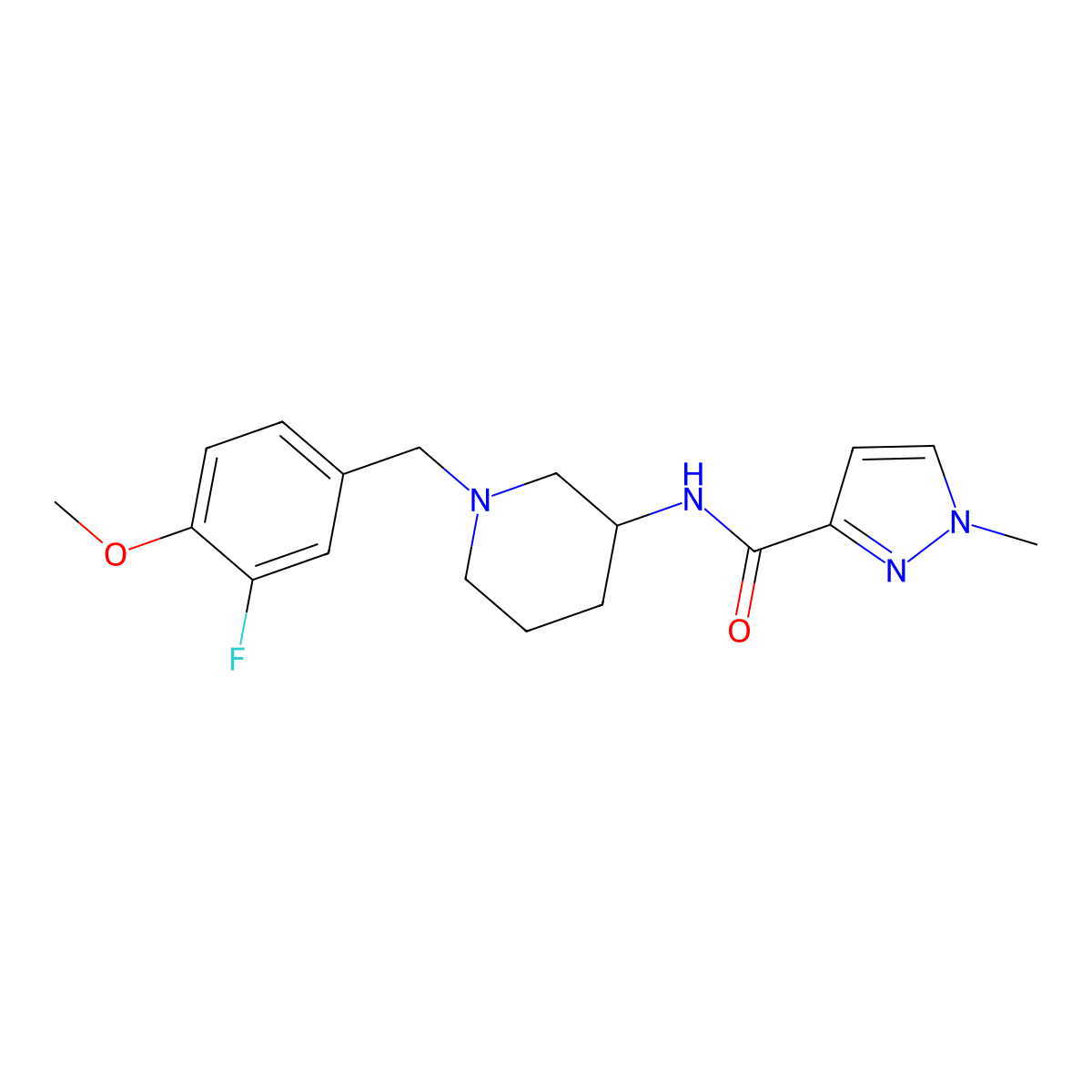 N-{1-[(3-fluoro-4-methoxyphenyl)methyl]piperidin-3-yl}-1-methyl-1H-pyrazole-3-carboxamide molecular structure, CAS 3054406-37-7
