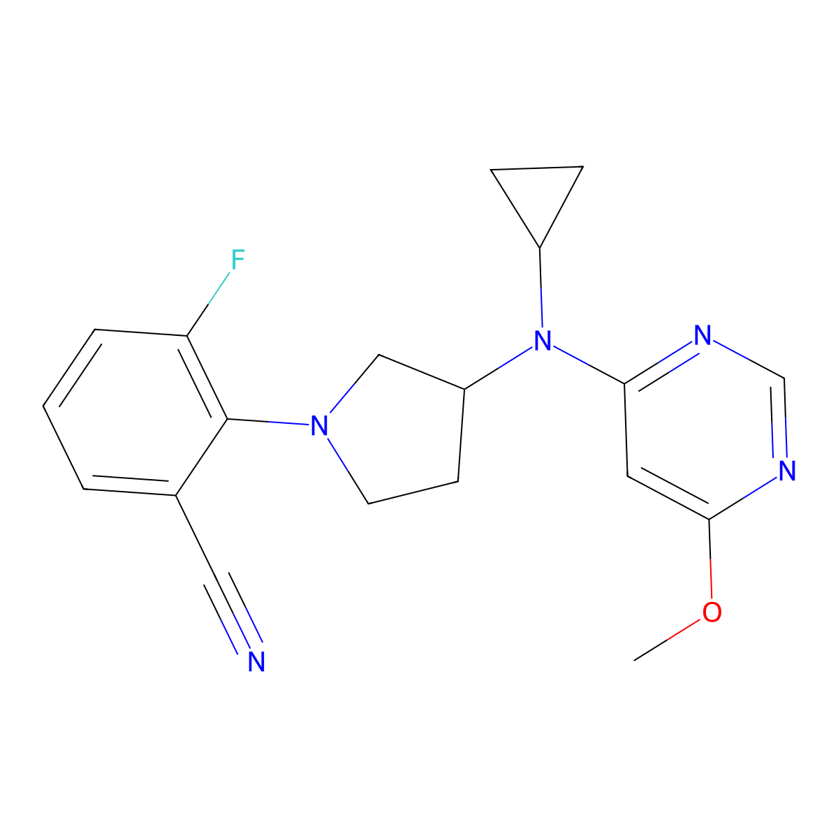 2-{3-[Cyclopropyl(6-methoxypyrimidin-4-yl)amino]pyrrolidin-1-yl}-3-fluorobenzonitrile molecular structure, CAS 3054406-39-9