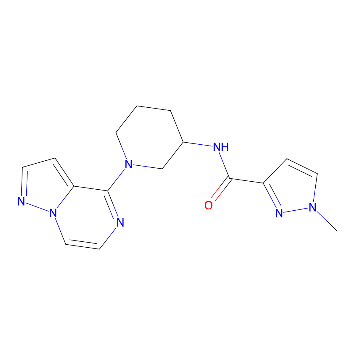 1-methyl-N-(1-{pyrazolo[1,5-a]pyrazin-4-yl}piperidin-3-yl)-1H-pyrazole-3-carboxamide molecular structure, CAS 3054406-42-4