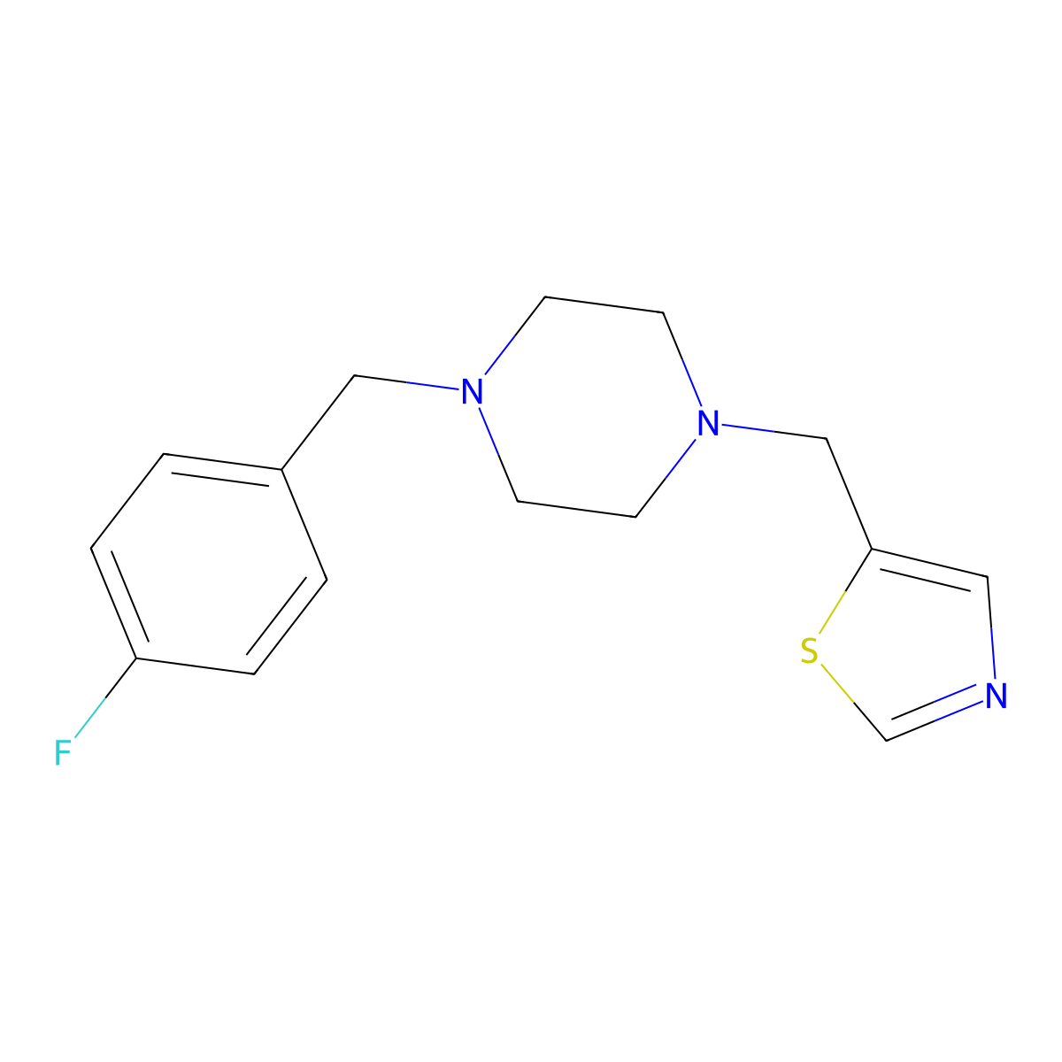 1-[(4-Fluorophenyl)methyl]-4-[(1,3-thiazol-5-yl)methyl]piperazine molecular structure, CAS 3054406-44-6