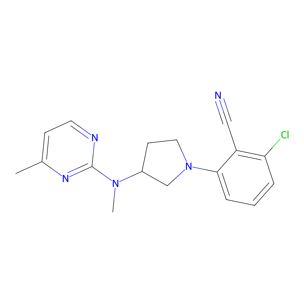 2-Chloro-6-{3-[methyl(4-methylpyrimidin-2-yl)amino]pyrrolidin-1-yl}benzonitrile molecular structure, CAS 3054406-45-7