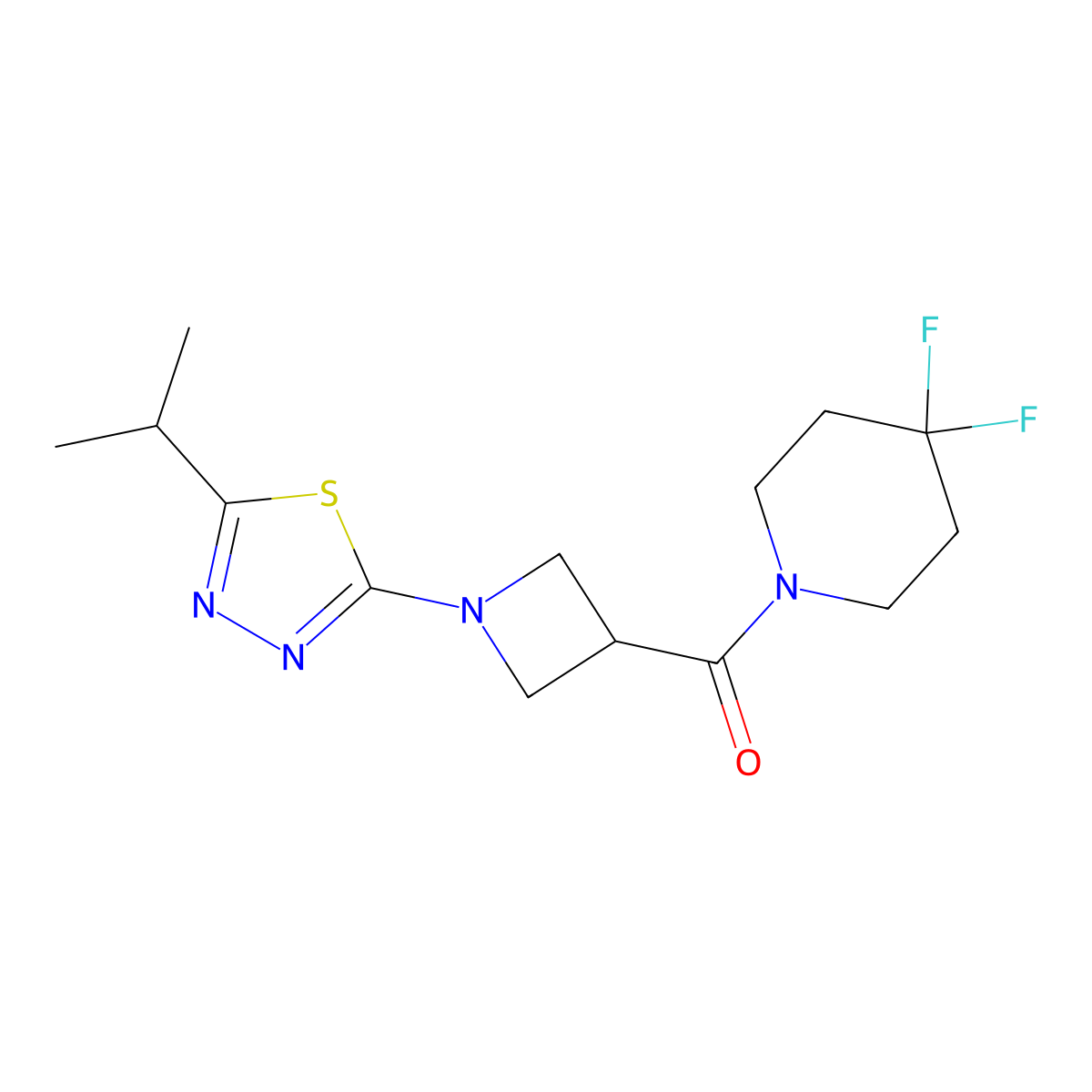 4,4-Difluoro-1-{1-[5-(propan-2-yl)-1,3,4-thiadiazol-2-yl]azetidine-3-carbonyl}piperidine molecular structure, CAS 3054406-65-1