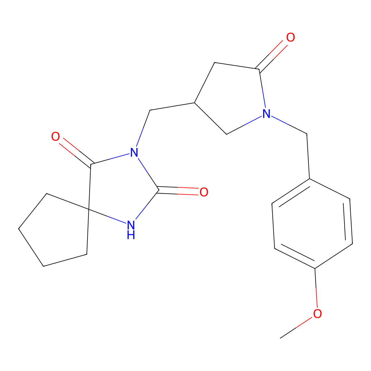 3-({1-[(4-Methoxyphenyl)methyl]-5-oxopyrrolidin-3-yl}methyl)-1,3-diazaspiro[4.4]nonane-2,4-dione molecular structure, CAS 3054406-73-1