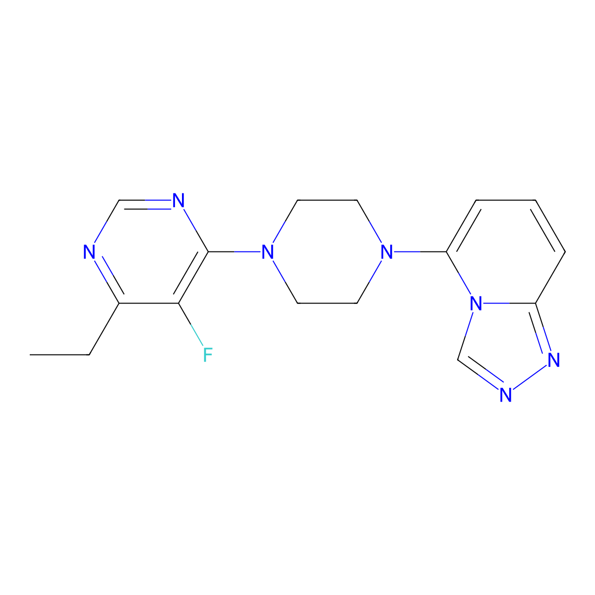 4-Ethyl-5-fluoro-6-(4-{[1,2,4]triazolo[4,3-a]pyridin-5-yl}piperazin-1-yl)pyrimidine molecular structure, CAS 3054406-93-5