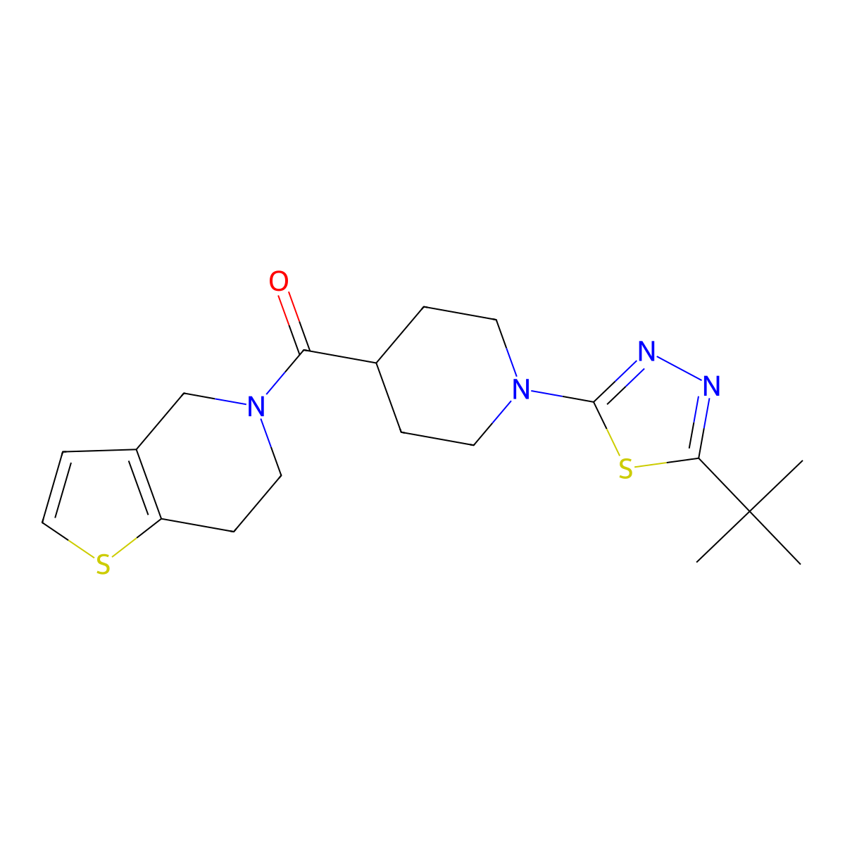 1-(5-tert-butyl-1,3,4-thiadiazol-2-yl)-4-{4H,5H,6H,7H-thieno[3,2-c]pyridine-5-carbonyl}piperidine molecular structure, CAS 3054406-98-0