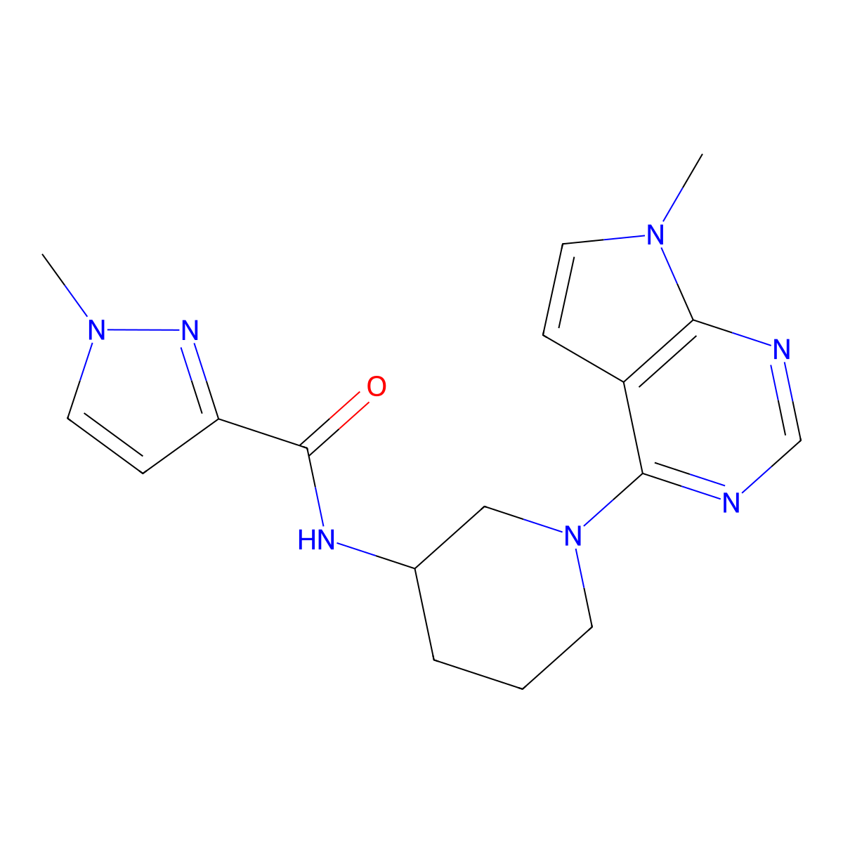 1-methyl-N-(1-{7-methyl-7H-pyrrolo[2,3-d]pyrimidin-4-yl}piperidin-3-yl)-1H-pyrazole-3-carboxamide molecular structure, CAS 3054407-09-6