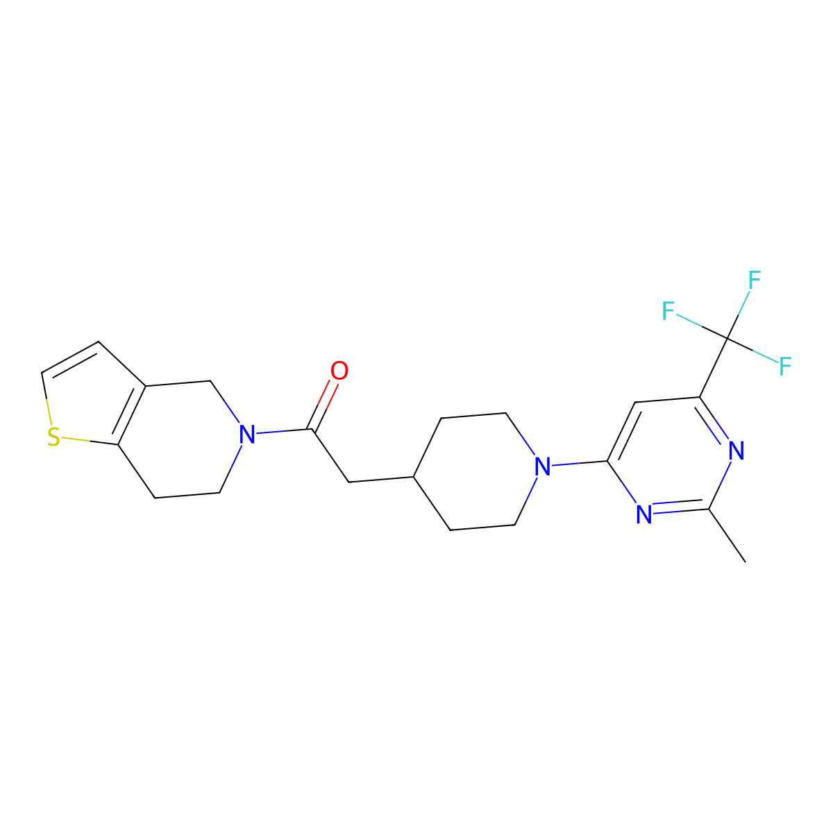 2-{1-[2-methyl-6-(trifluoromethyl)pyrimidin-4-yl]piperidin-4-yl}-1-{4H,5H,6H,7H-thieno[3,2-c]pyridin-5-yl}ethan-1-one molecular structure, CAS 3054407-10-9