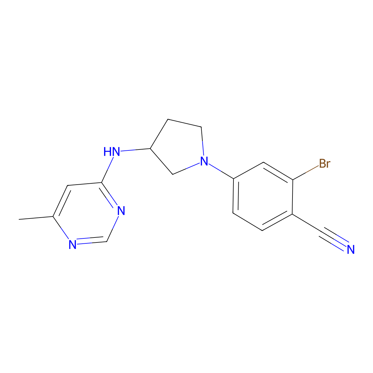 2-Bromo-4-{3-[(6-methylpyrimidin-4-yl)amino]pyrrolidin-1-yl}benzonitrile molecular structure, CAS 3054407-17-6