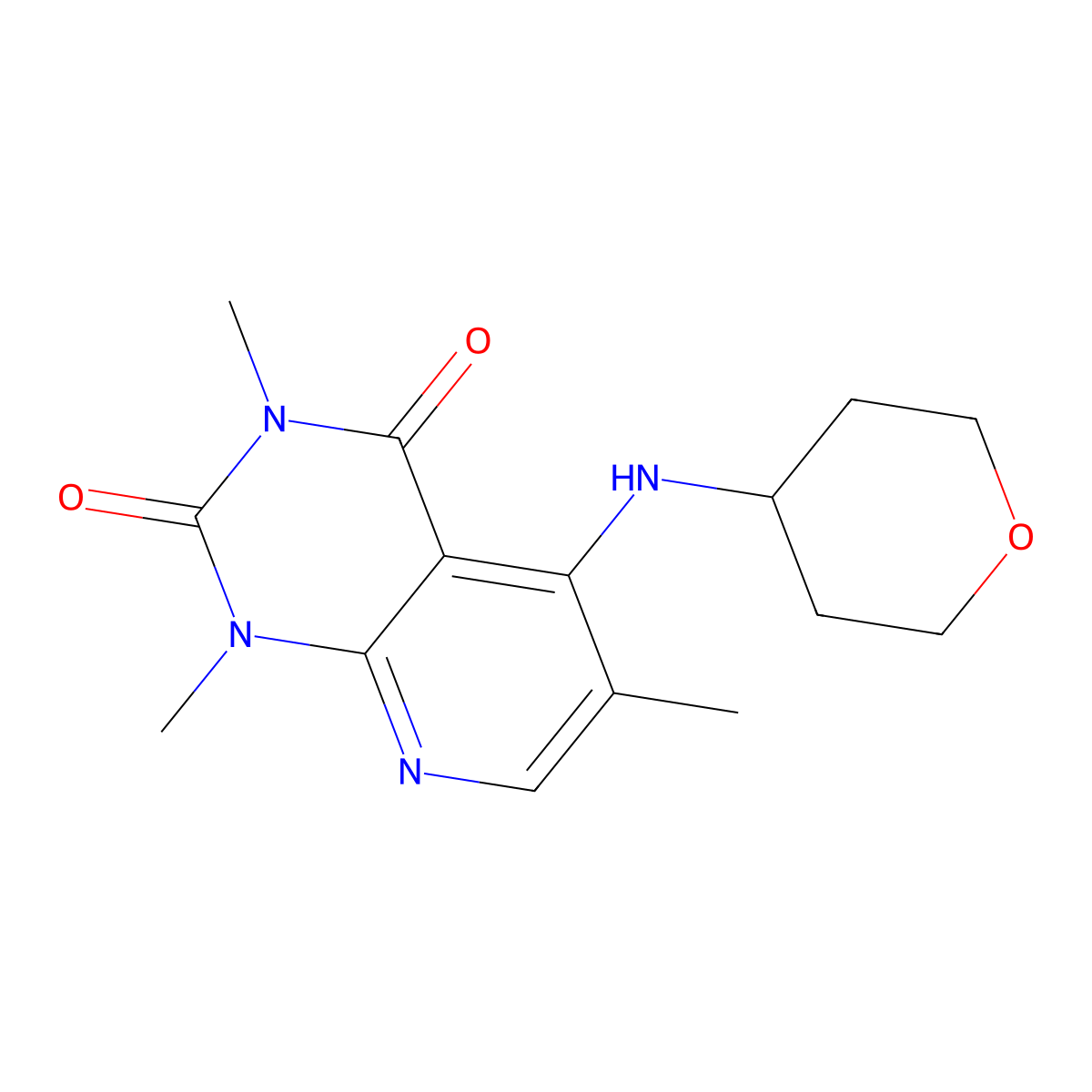 1,3,6-trimethyl-5-[(oxan-4-yl)amino]-1H,2H,3H,4H-pyrido[2,3-d]pyrimidine-2,4-dione molecular structure, CAS 3054407-27-8