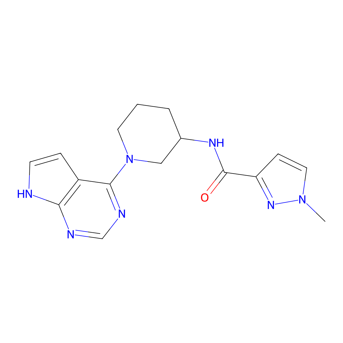 1-methyl-N-(1-{7H-pyrrolo[2,3-d]pyrimidin-4-yl}piperidin-3-yl)-1H-pyrazole-3-carboxamide molecular structure, CAS 3054407-33-6