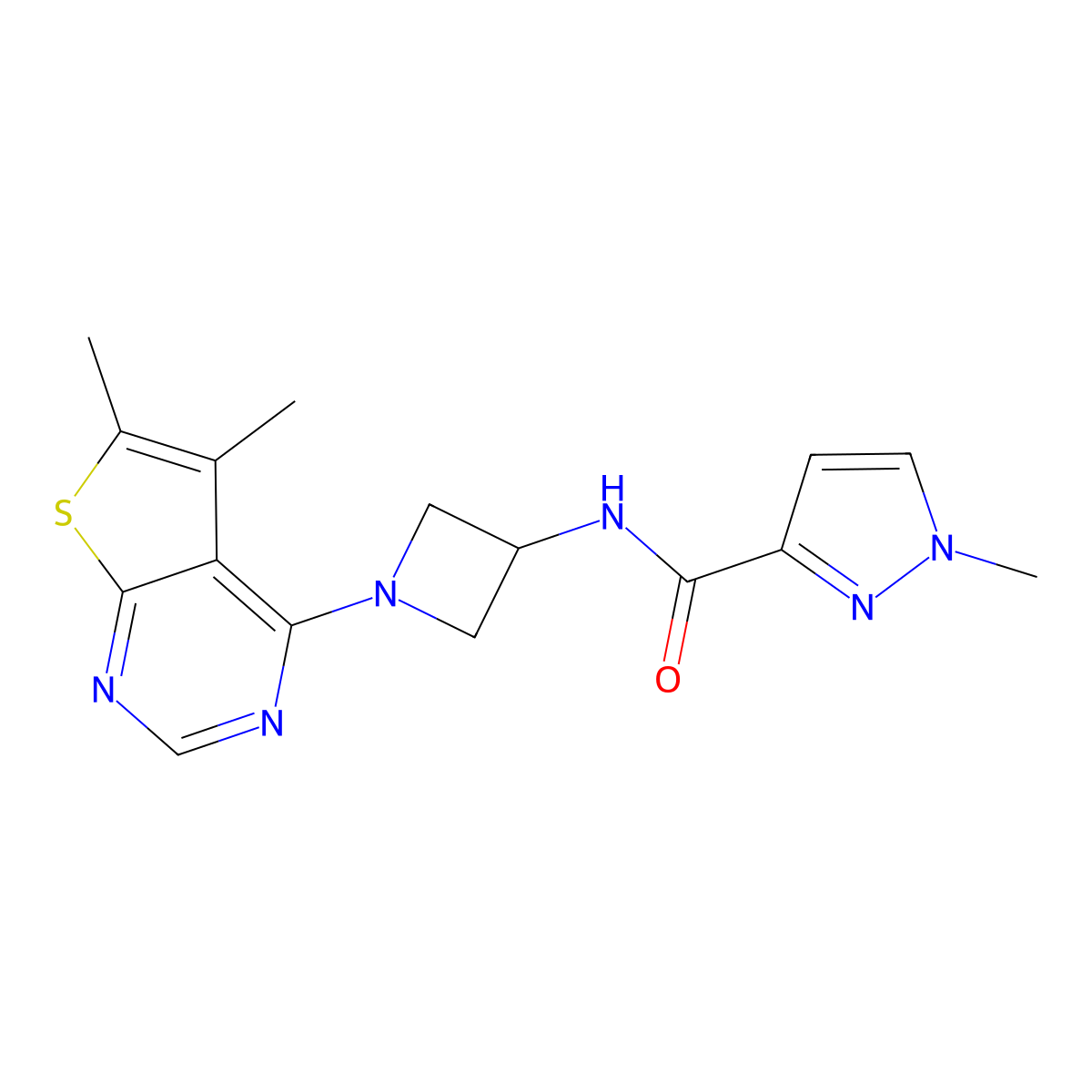 N-(1-{5,6-dimethylthieno[2,3-d]pyrimidin-4-yl}azetidin-3-yl)-1-methyl-1H-pyrazole-3-carboxamide molecular structure, CAS 3054407-36-9