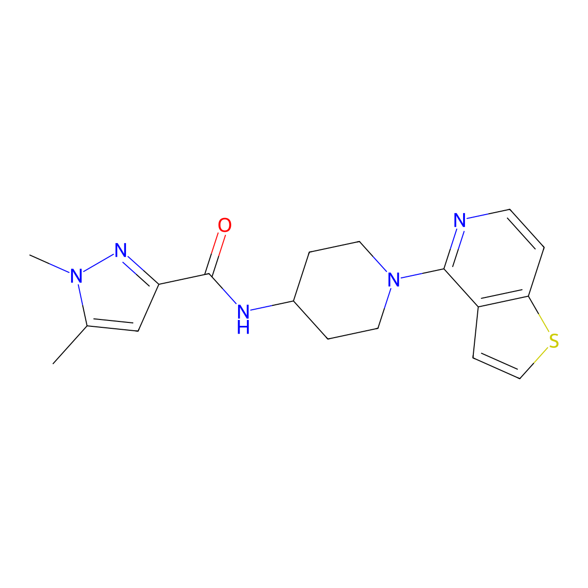1,5-dimethyl-N-(1-{thieno[3,2-c]pyridin-4-yl}piperidin-4-yl)-1H-pyrazole-3-carboxamide molecular structure, CAS 3054407-41-6