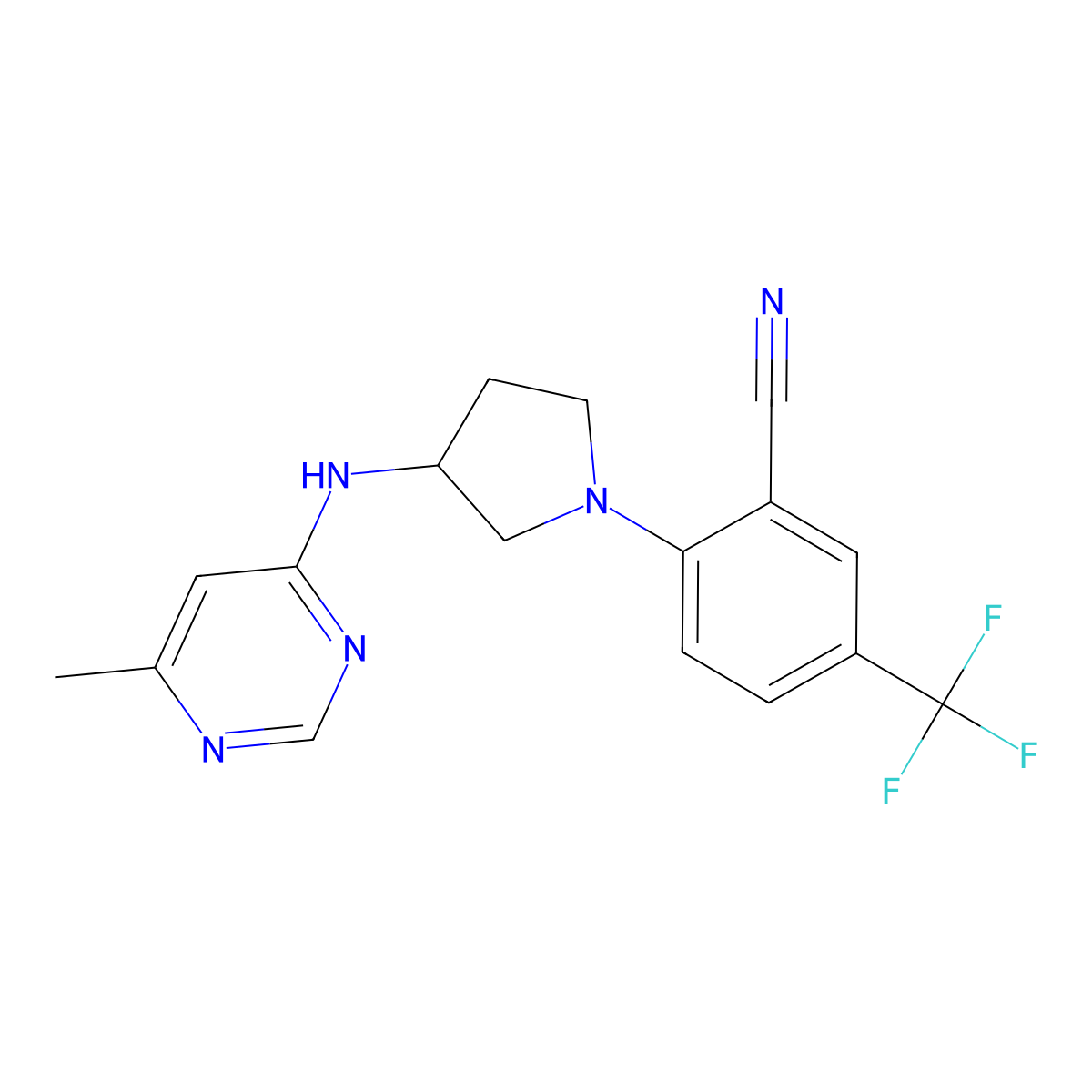 2-{3-[(6-Methylpyrimidin-4-yl)amino]pyrrolidin-1-yl}-5-(trifluoromethyl)benzonitrile molecular structure, CAS 3054407-43-8
