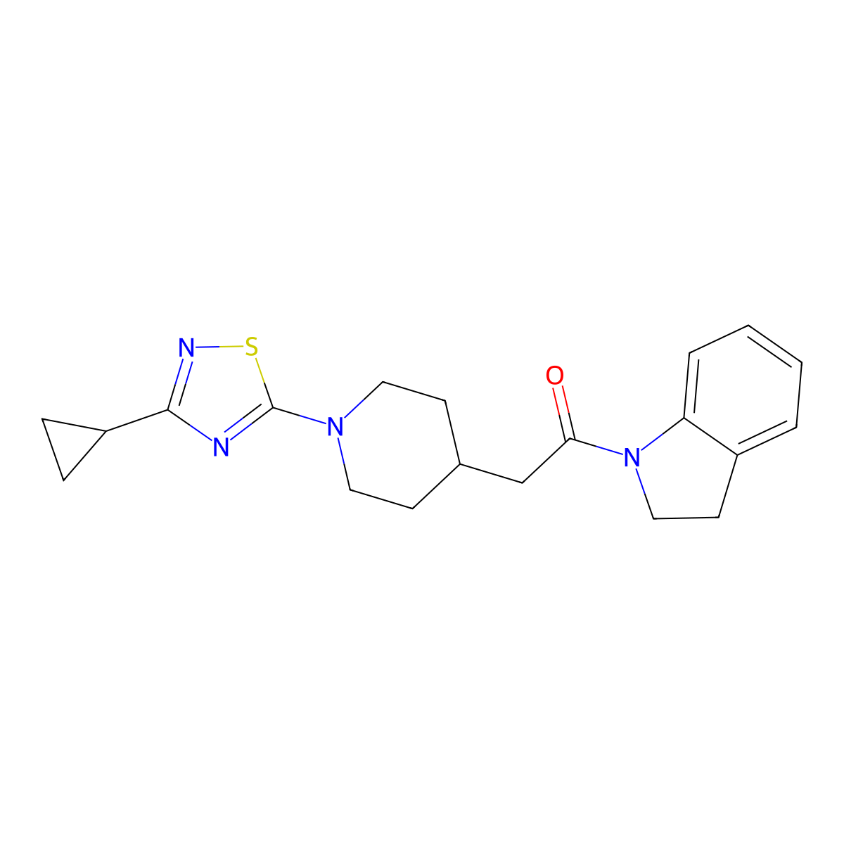 2-[1-(3-cyclopropyl-1,2,4-thiadiazol-5-yl)piperidin-4-yl]-1-(2,3-dihydro-1H-indol-1-yl)ethan-1-one molecular structure, CAS 3054407-44-9