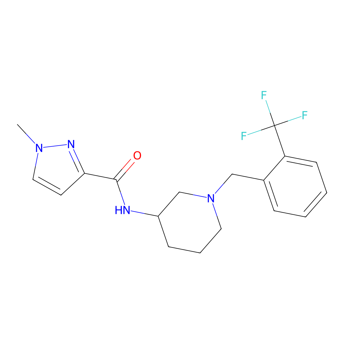 1-methyl-N-(1-{[2-(trifluoromethyl)phenyl]methyl}piperidin-3-yl)-1H-pyrazole-3-carboxamide molecular structure, CAS 3054407-50-7