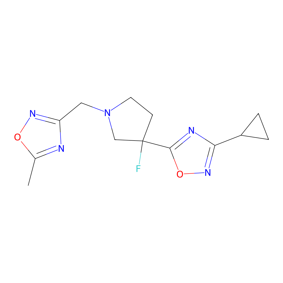 3-Cyclopropyl-5-{3-fluoro-1-[(5-methyl-1,2,4-oxadiazol-3-yl)methyl]pyrrolidin-3-yl}-1,2,4-oxadiazole molecular structure, CAS 3054407-51-8