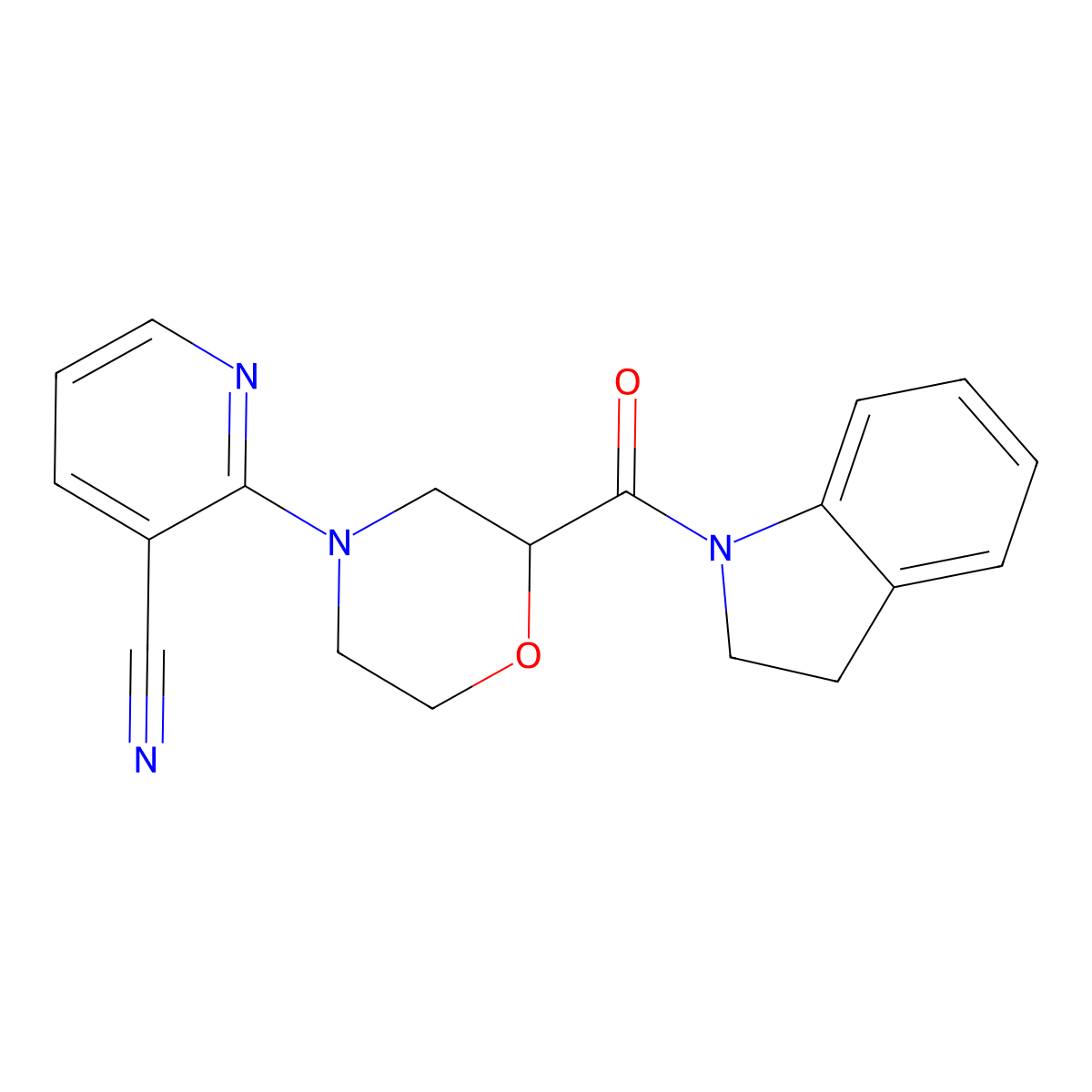 2-[2-(2,3-dihydro-1H-indole-1-carbonyl)morpholin-4-yl]pyridine-3-carbonitrile molecular structure, CAS 3054407-53-0