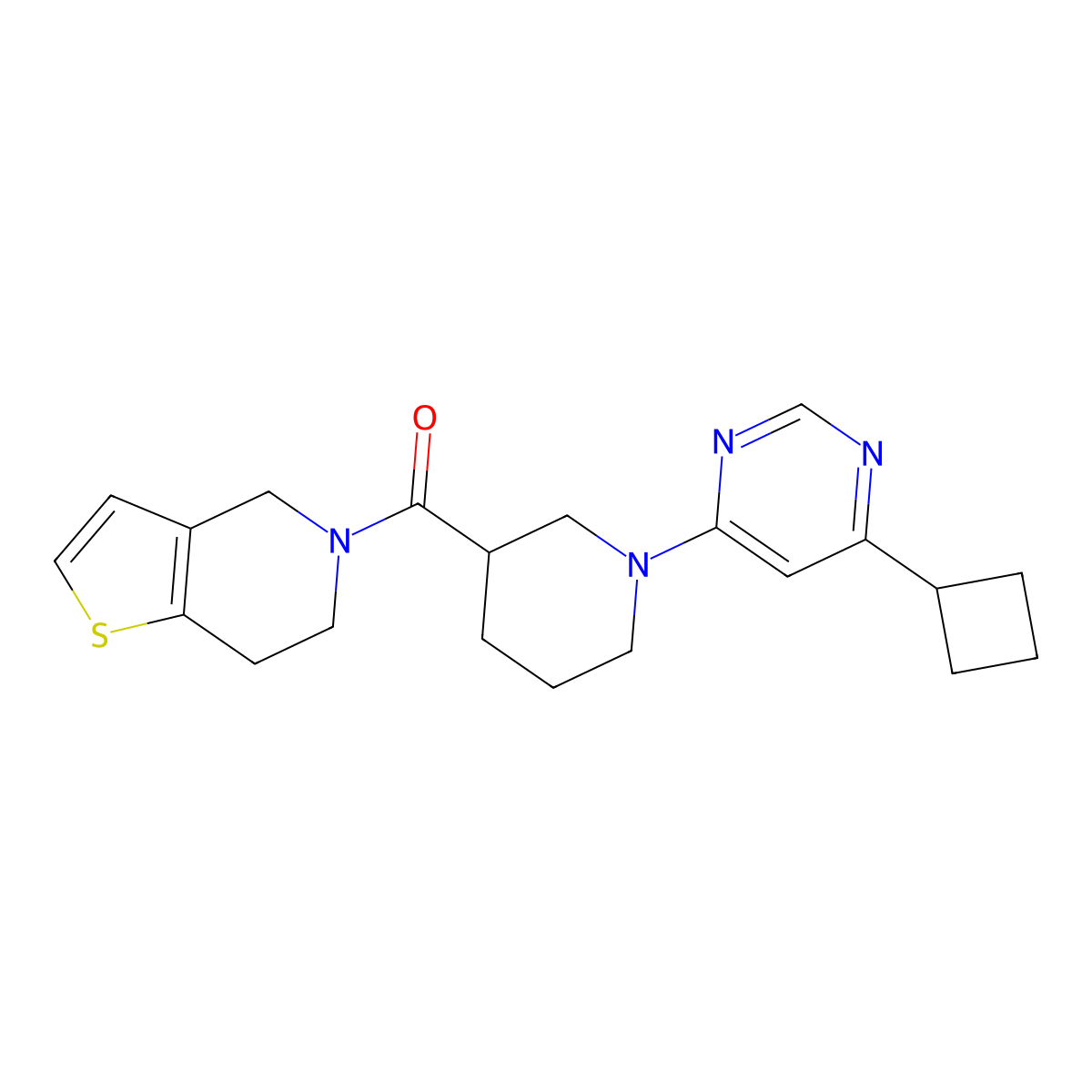 4-cyclobutyl-6-(3-{4H,5H,6H,7H-thieno[3,2-c]pyridine-5-carbonyl}piperidin-1-yl)pyrimidine molecular structure, CAS 3054407-66-5