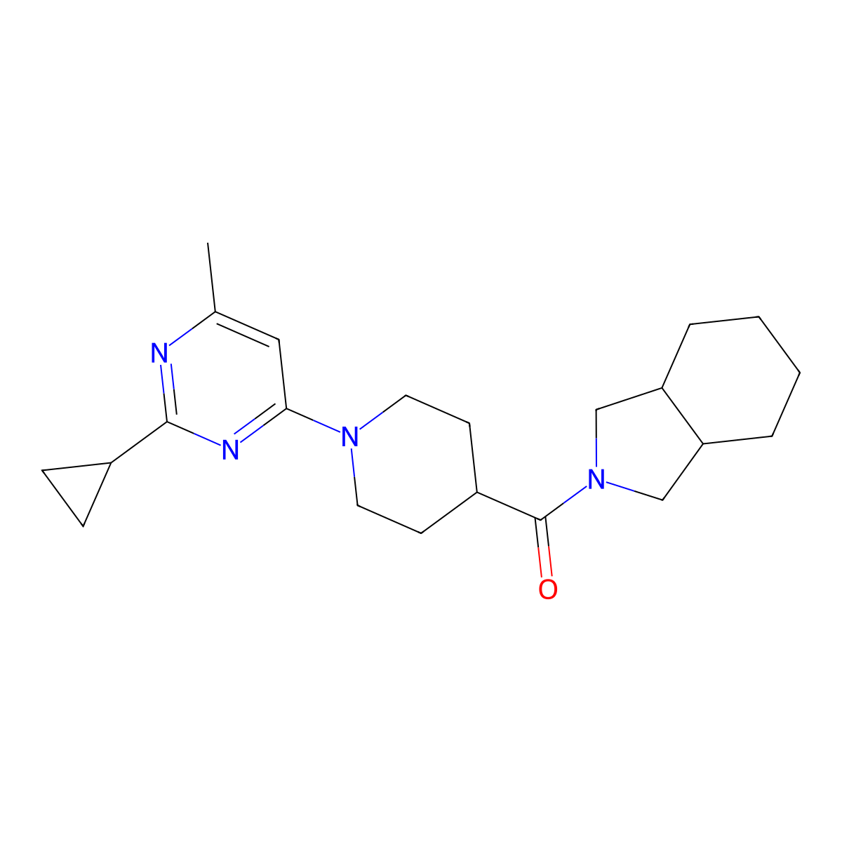 2-[1-(2-cyclopropyl-6-methylpyrimidin-4-yl)piperidine-4-carbonyl]-octahydro-1H-isoindole molecular structure, CAS 3054407-73-4