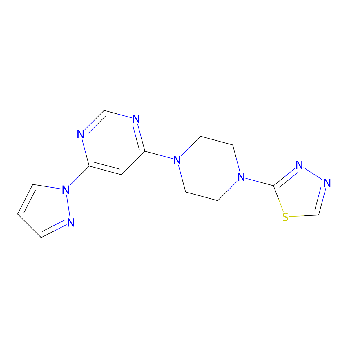 4-(1H-pyrazol-1-yl)-6-[4-(1,3,4-thiadiazol-2-yl)piperazin-1-yl]pyrimidine molecular structure, CAS 3054407-75-6