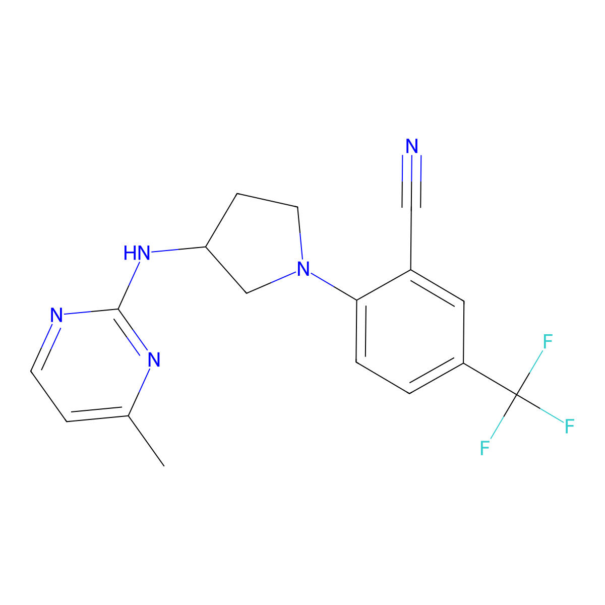 2-{3-[(4-Methylpyrimidin-2-yl)amino]pyrrolidin-1-yl}-5-(trifluoromethyl)benzonitrile molecular structure, CAS 3054407-77-8