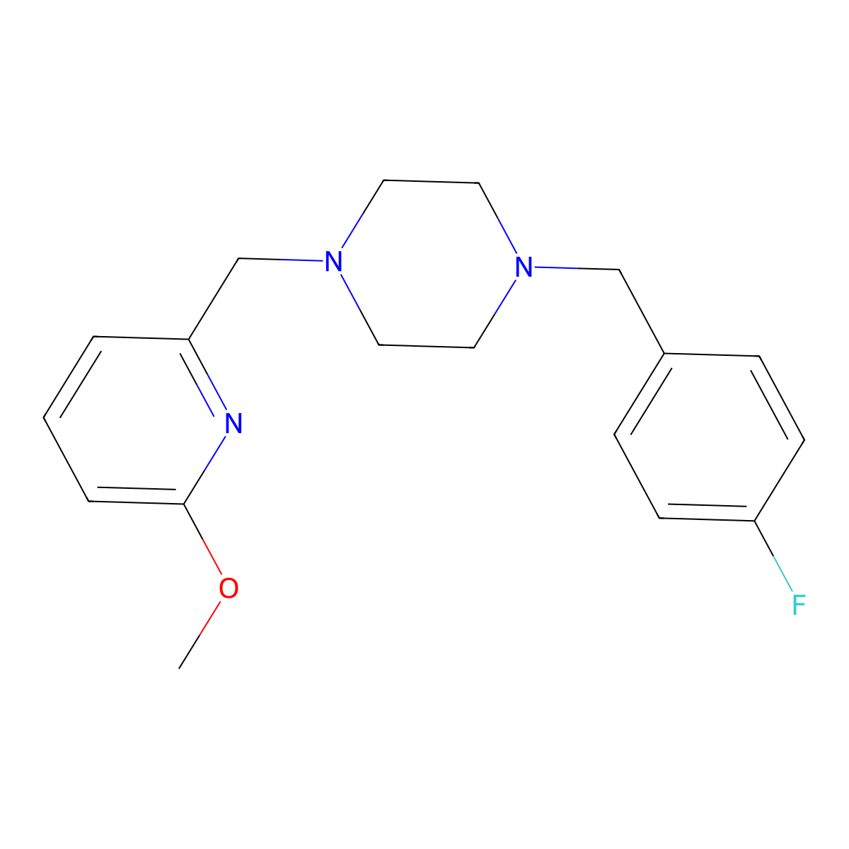 1-[(4-Fluorophenyl)methyl]-4-[(6-methoxypyridin-2-yl)methyl]piperazine molecular structure, CAS 3054407-78-9