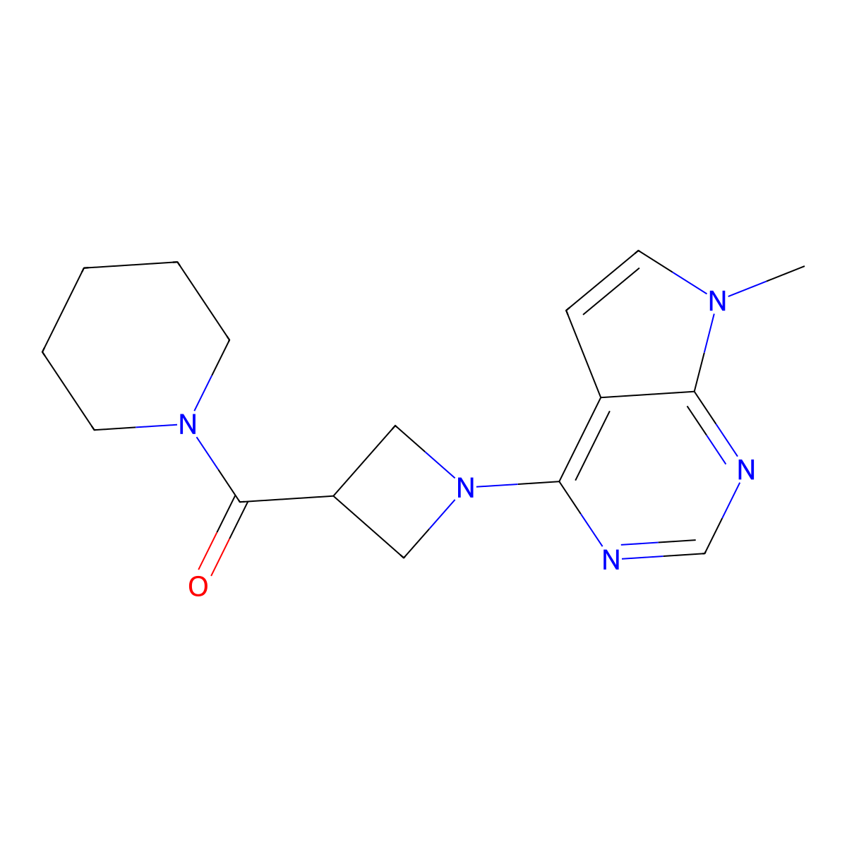 1-(1-{7-methyl-7H-pyrrolo[2,3-d]pyrimidin-4-yl}azetidine-3-carbonyl)piperidine molecular structure, CAS 3054407-80-3