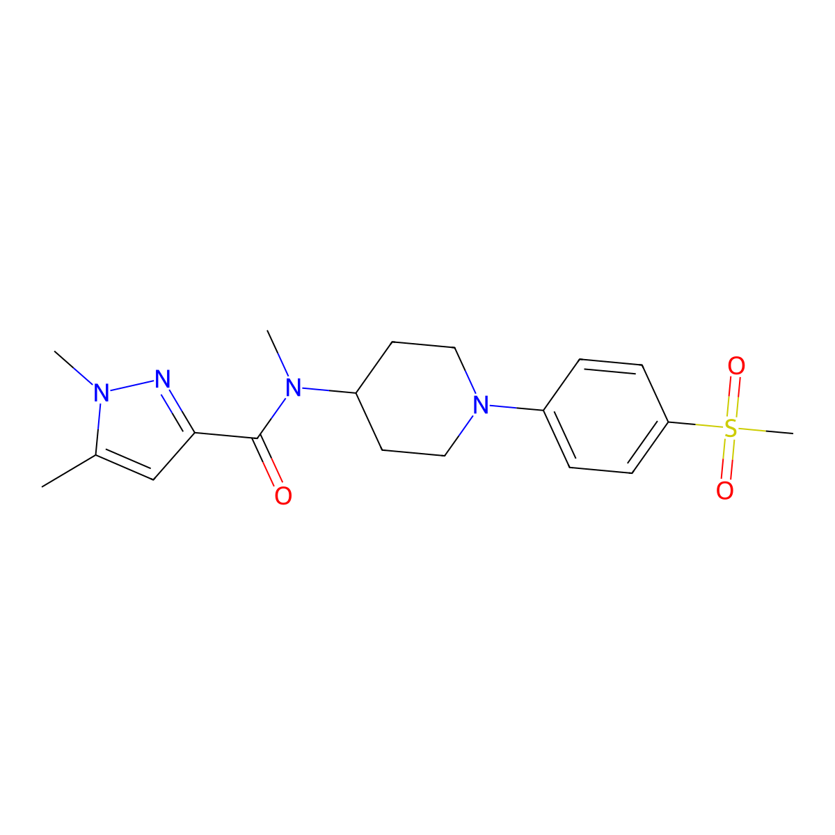 N-[1-(4-methanesulfonylphenyl)piperidin-4-yl]-N,1,5-trimethyl-1H-pyrazole-3-carboxamide molecular structure, CAS 3054407-84-7