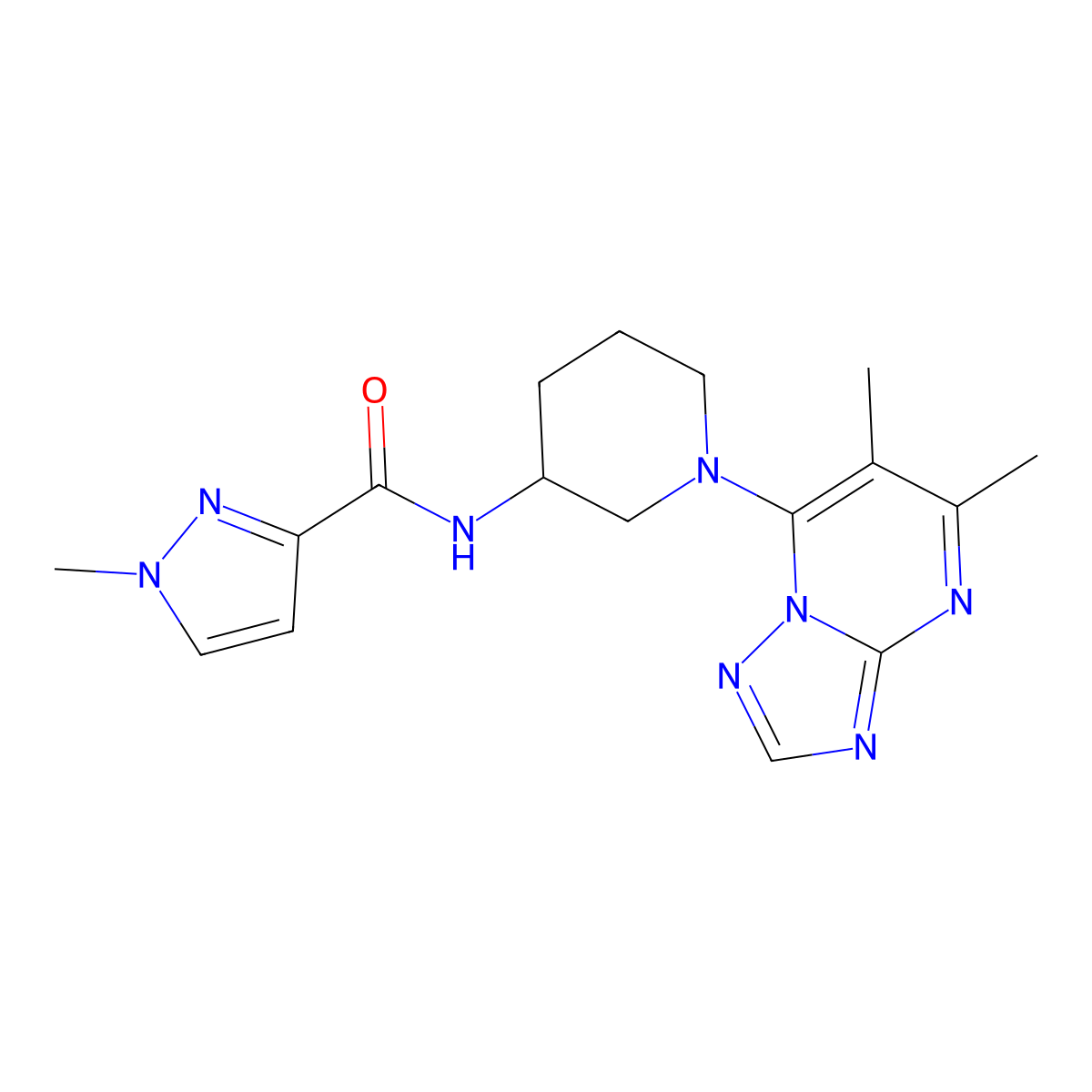 N-(1-{5,6-dimethyl-[1,2,4]triazolo[1,5-a]pyrimidin-7-yl}piperidin-3-yl)-1-methyl-1H-pyrazole-3-carboxamide molecular structure, CAS 3054407-86-9