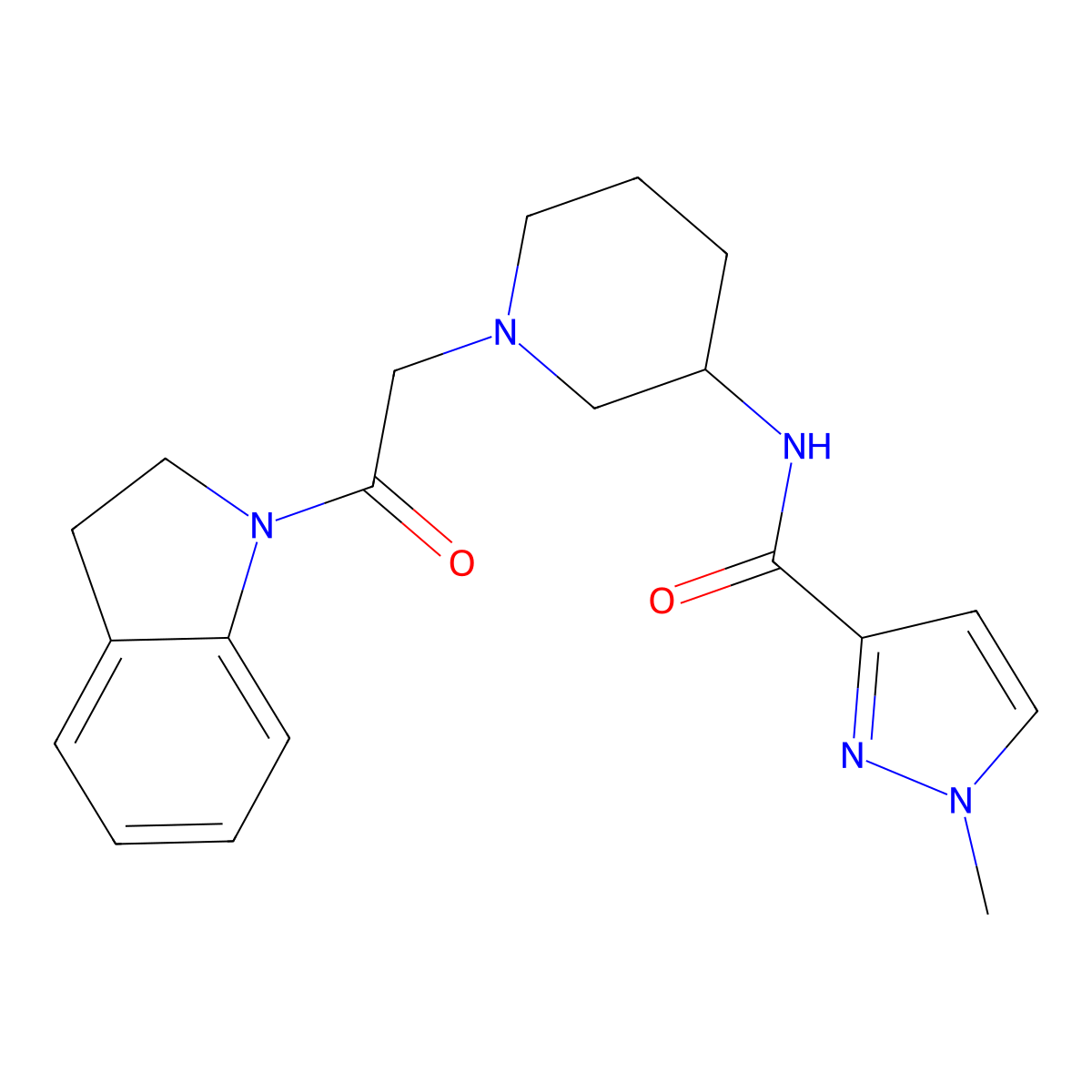 N-{1-[2-(2,3-dihydro-1H-indol-1-yl)-2-oxoethyl]piperidin-3-yl}-1-methyl-1H-pyrazole-3-carboxamide molecular structure, CAS 3054407-90-5