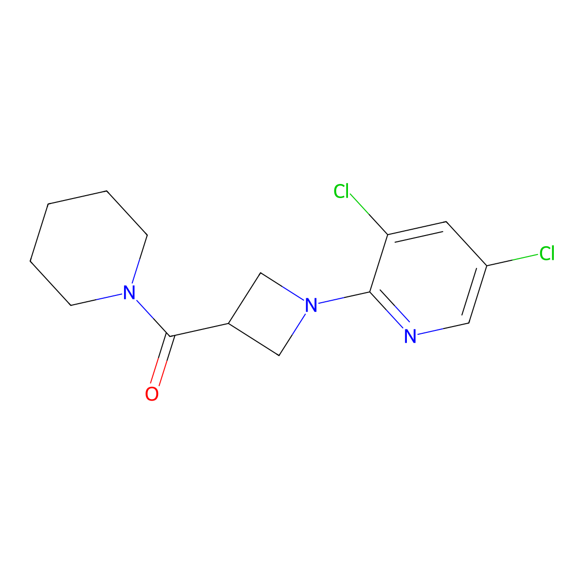 3,5-Dichloro-2-[3-(piperidine-1-carbonyl)azetidin-1-yl]pyridine molecular structure, CAS 3054407-97-2