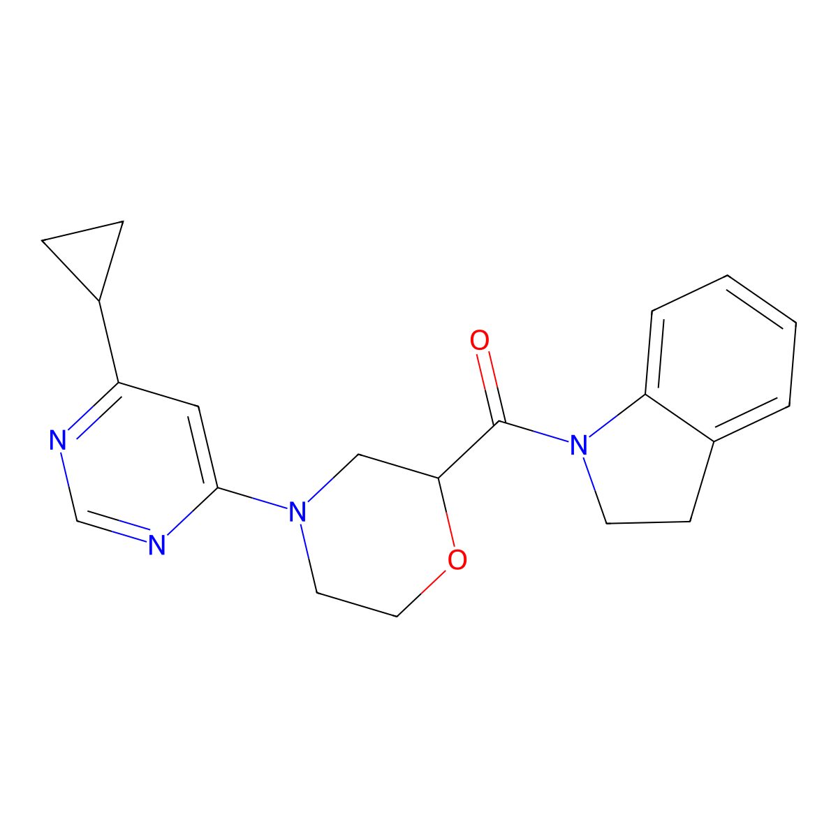 1-[4-(6-cyclopropylpyrimidin-4-yl)morpholine-2-carbonyl]-2,3-dihydro-1H-indole molecular structure, CAS 3054407-98-3