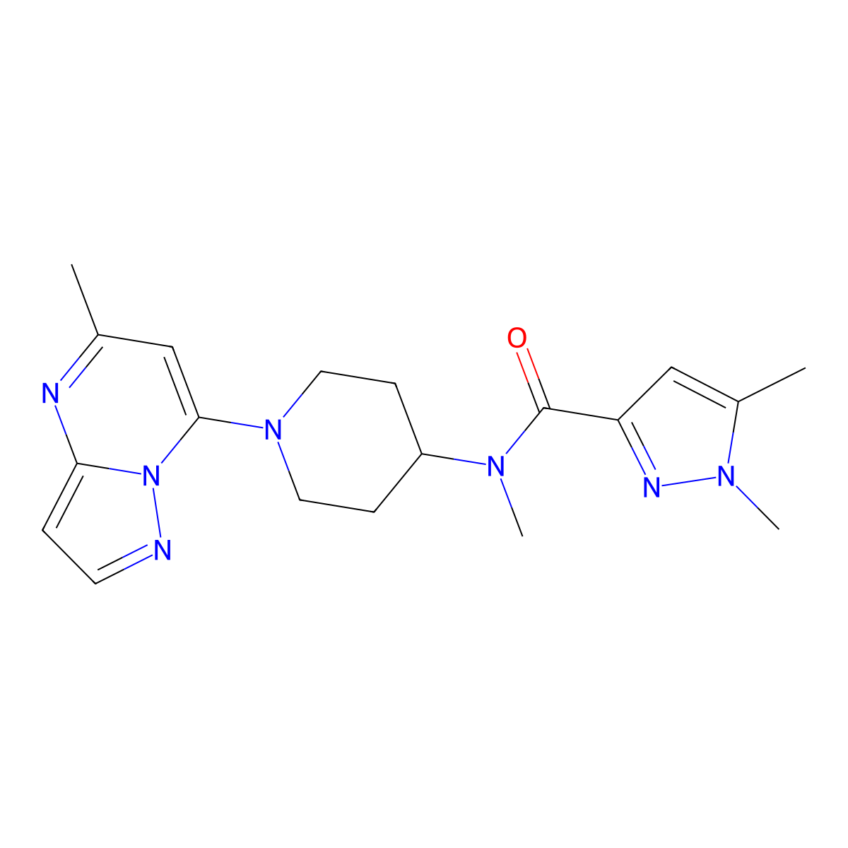 N,1,5-trimethyl-N-(1-{5-methylpyrazolo[1,5-a]pyrimidin-7-yl}piperidin-4-yl)-1H-pyrazole-3-carboxamide molecular structure, CAS 3054407-99-4